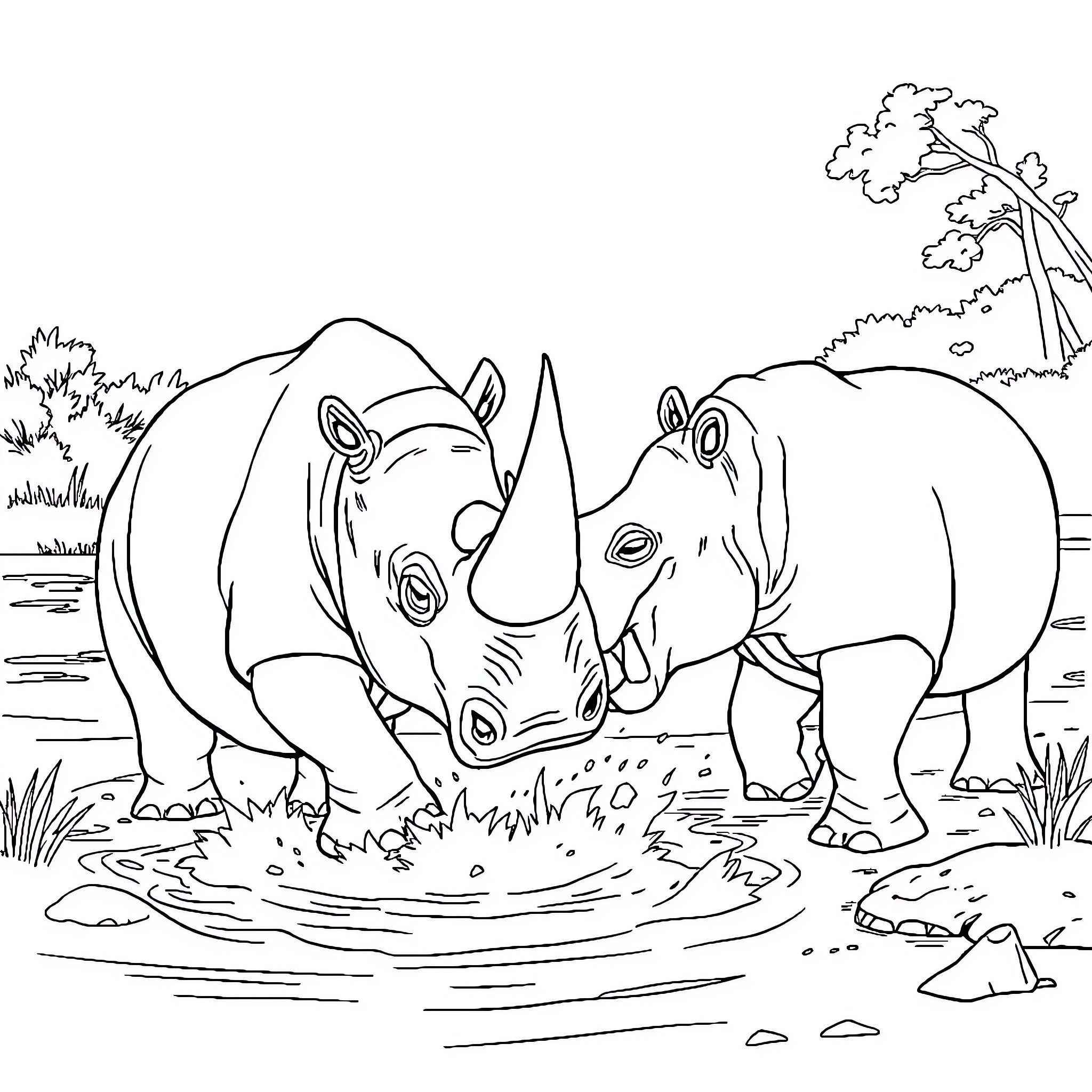 Rhinoceros pair wading in a muddy pond Coloring Page (free black-and-white line drawing printable PDF for all, from beginners to advanced learners, including children, teens, adults, and seniors)