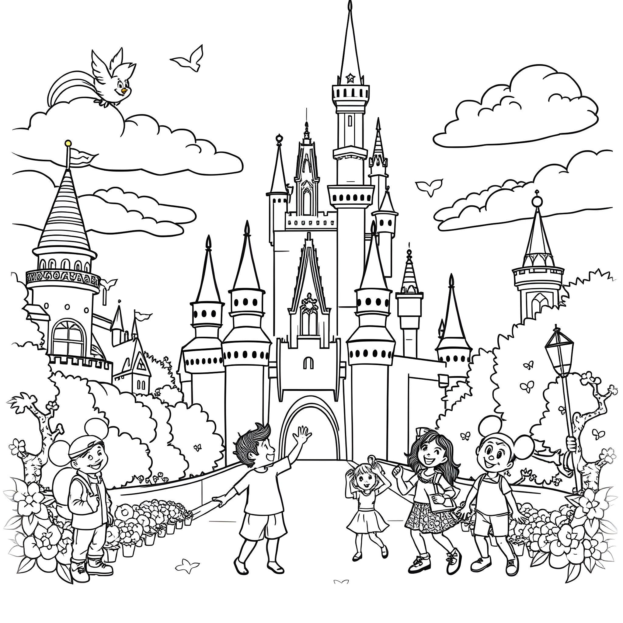 Blippi Explores a Magical Castle Scene with Friends Coloring Page (free black-and-white line drawing printable PDF for all, from beginners to advanced learners, including children, teens, adults, and seniors)