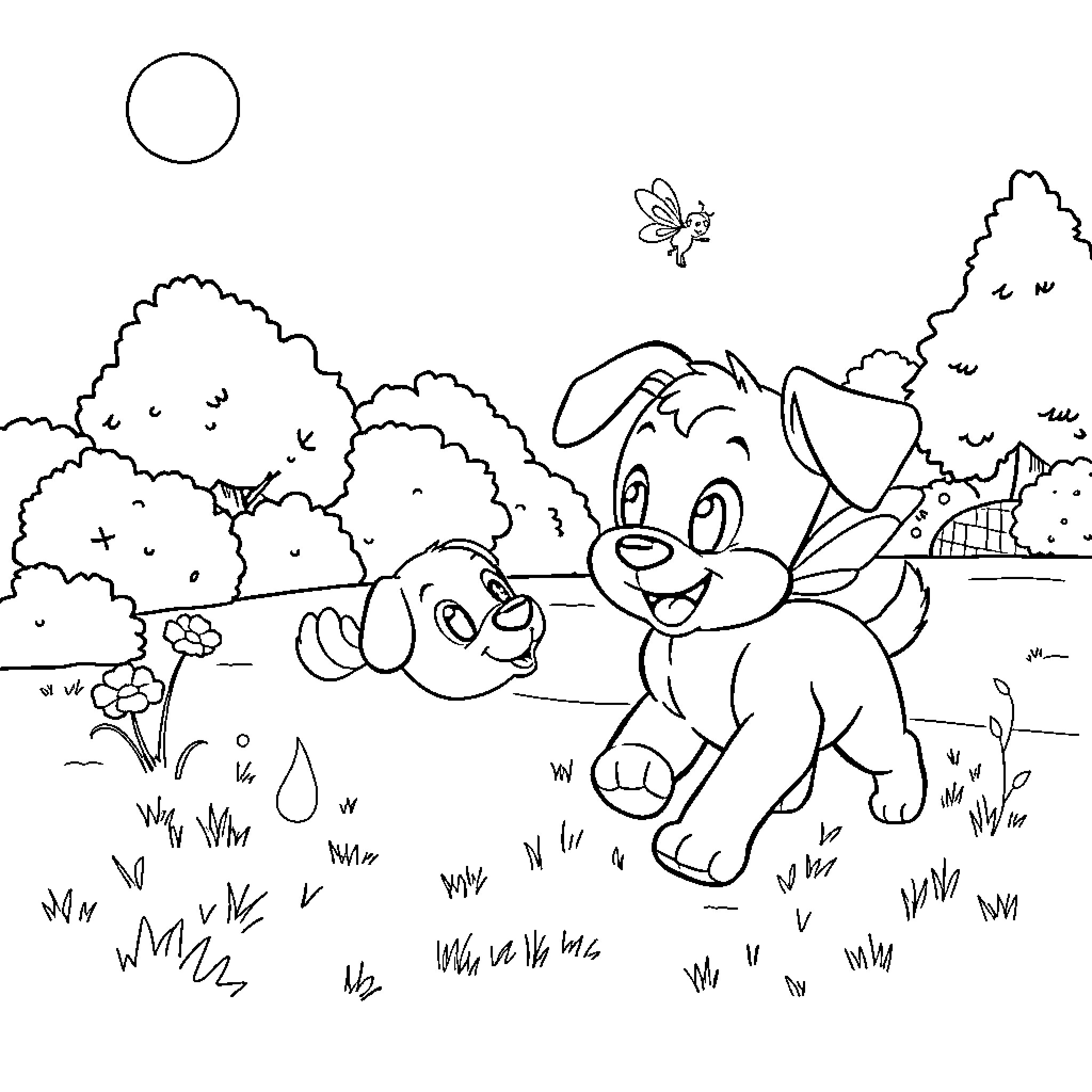 Bluey and Friends Explore the Outdoors Coloring Page (free black-and-white line drawing printable PDF for all, from beginners to advanced learners, including children, teens, adults, and seniors)