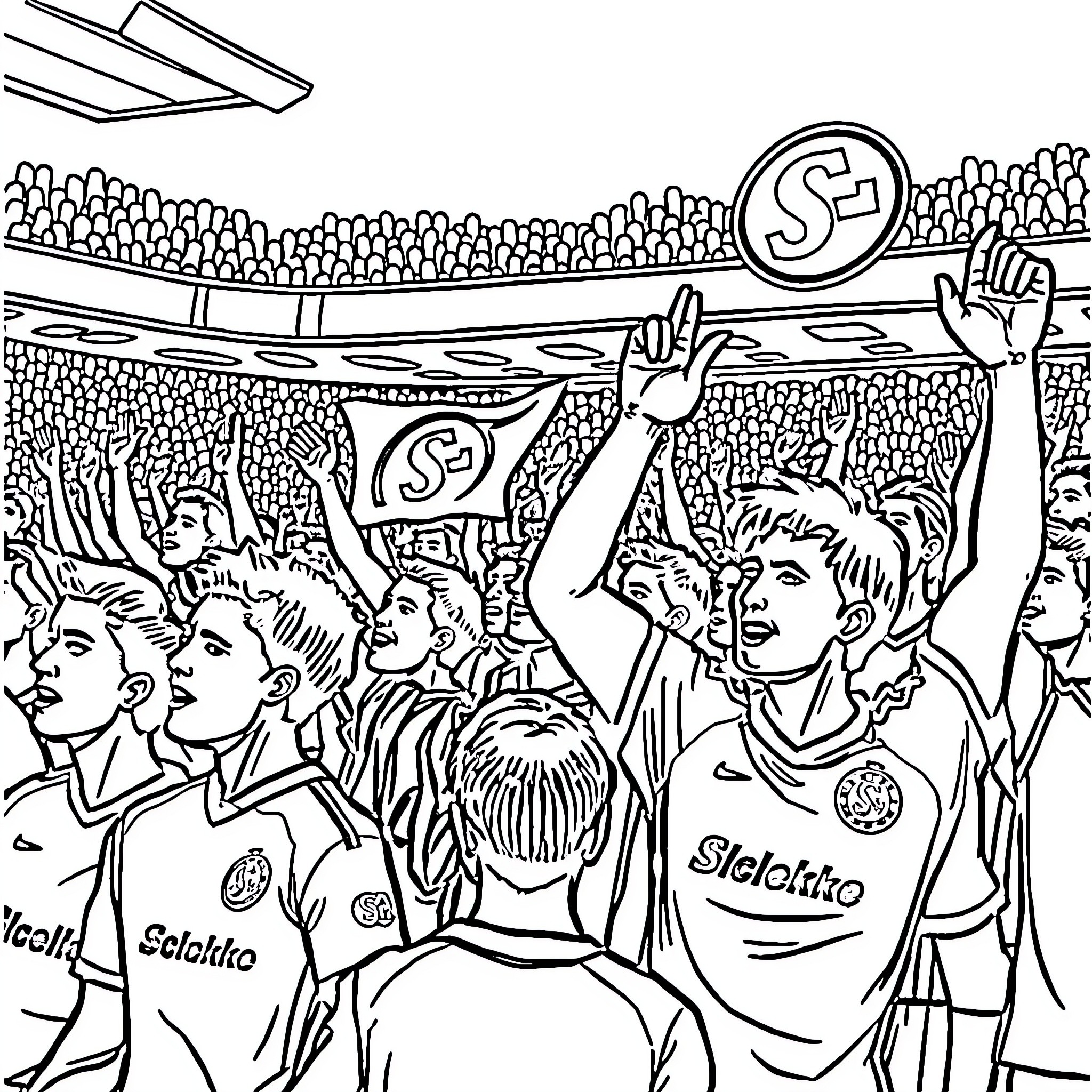 Schalke fans celebrating team victory in stadium Coloring Page (free black-and-white line drawing printable PDF for all, from beginners to advanced learners, including children, teens, adults, and seniors)