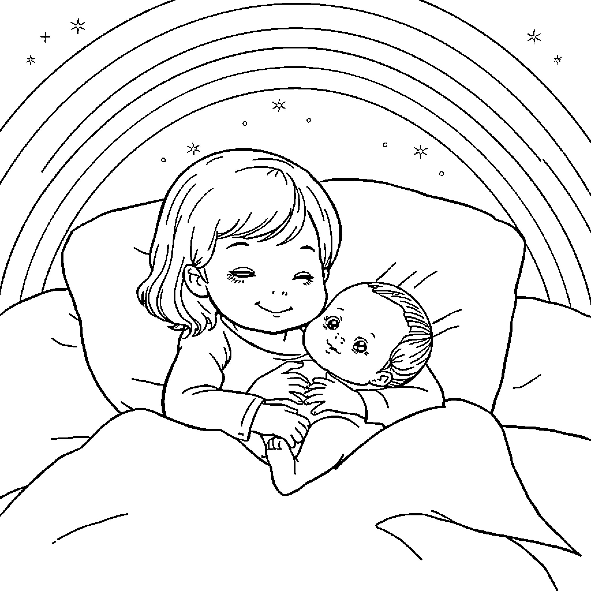 Girl comforting baby under a starry night sky Coloring Page (free black-and-white line drawing printable PDF for all, from beginners to advanced learners, including children, teens, adults, and seniors)