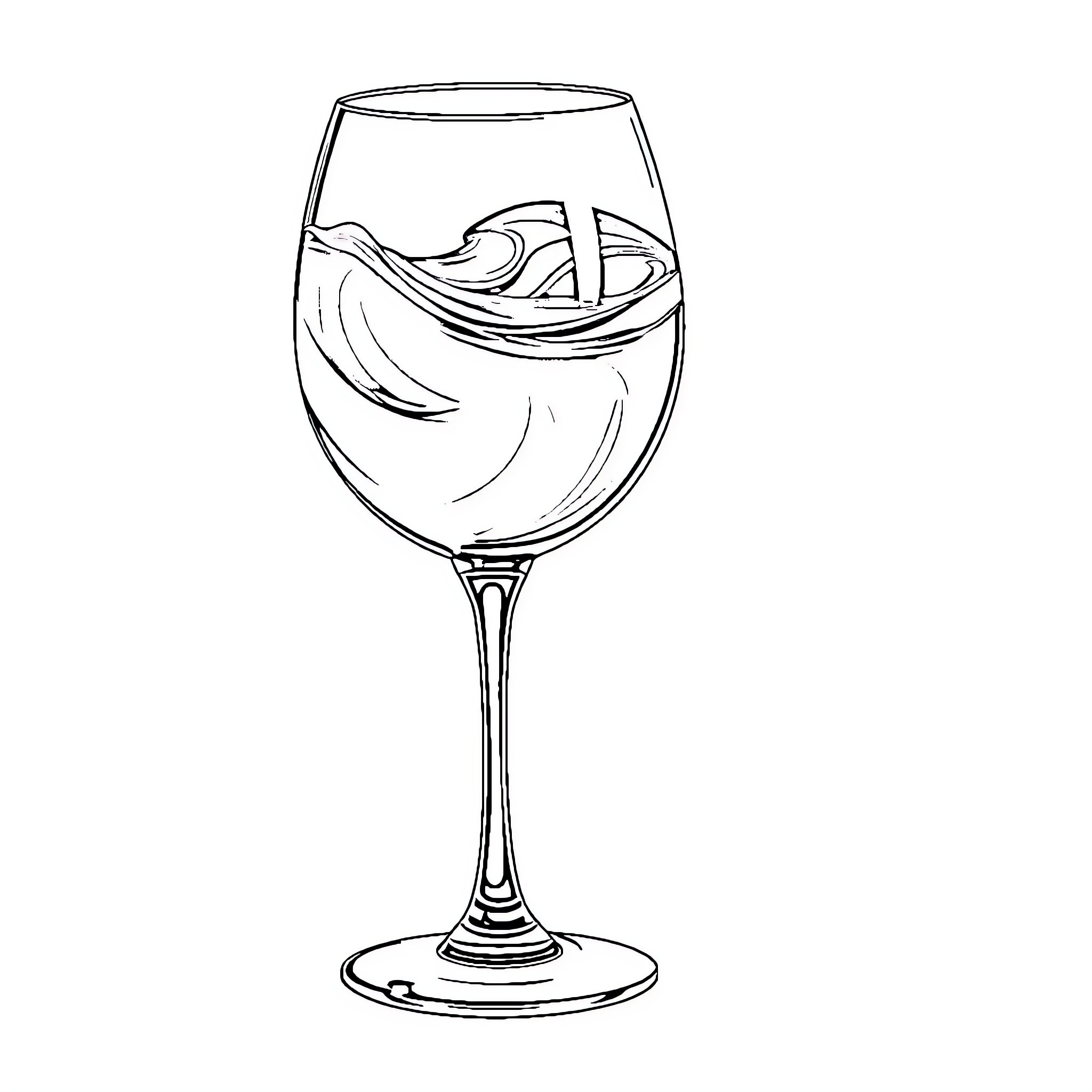 Wine Glass with Elegant Swirls Coloring Page (free black-and-white line drawing printable PDF for all, from beginners to advanced learners, including children, teens, adults, and seniors)