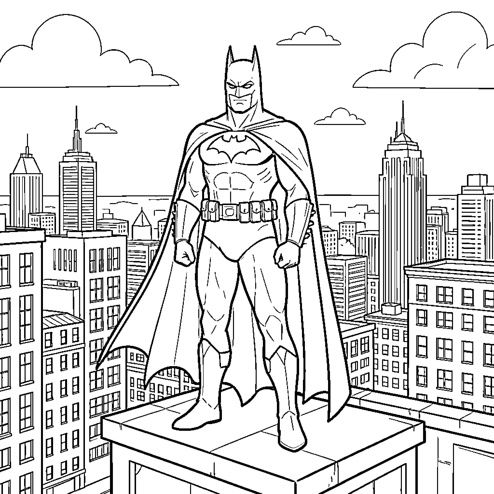 Batman standing tall over the city Coloring Page (free black-and-white line drawing printable PDF for all, from beginners to advanced learners, including children, teens, adults, and seniors)