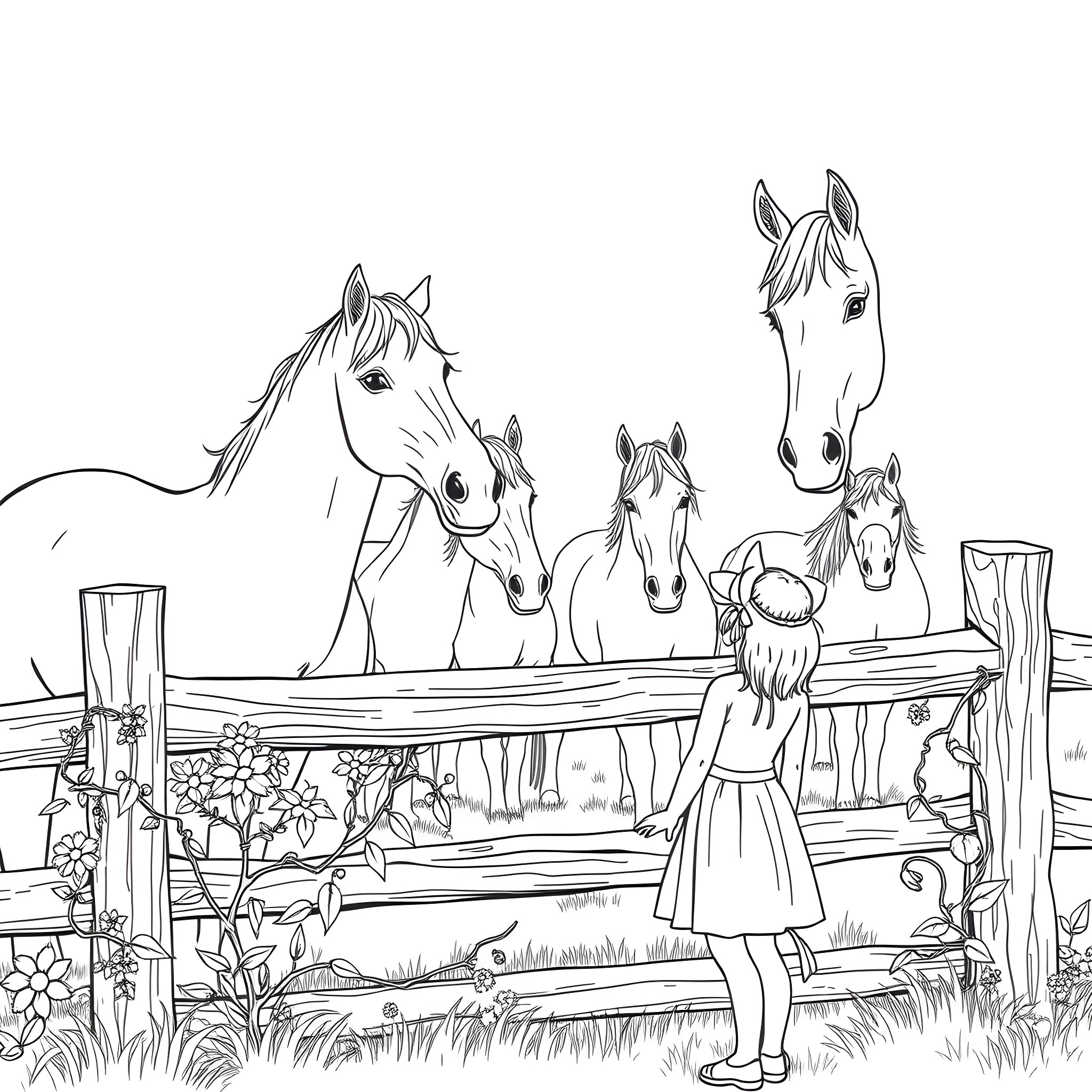 Girl interacting with a group of horses in a rural setting Coloring Page (free black-and-white line drawing printable PDF for all, from beginners to advanced learners, including children, teens, adults, and seniors)