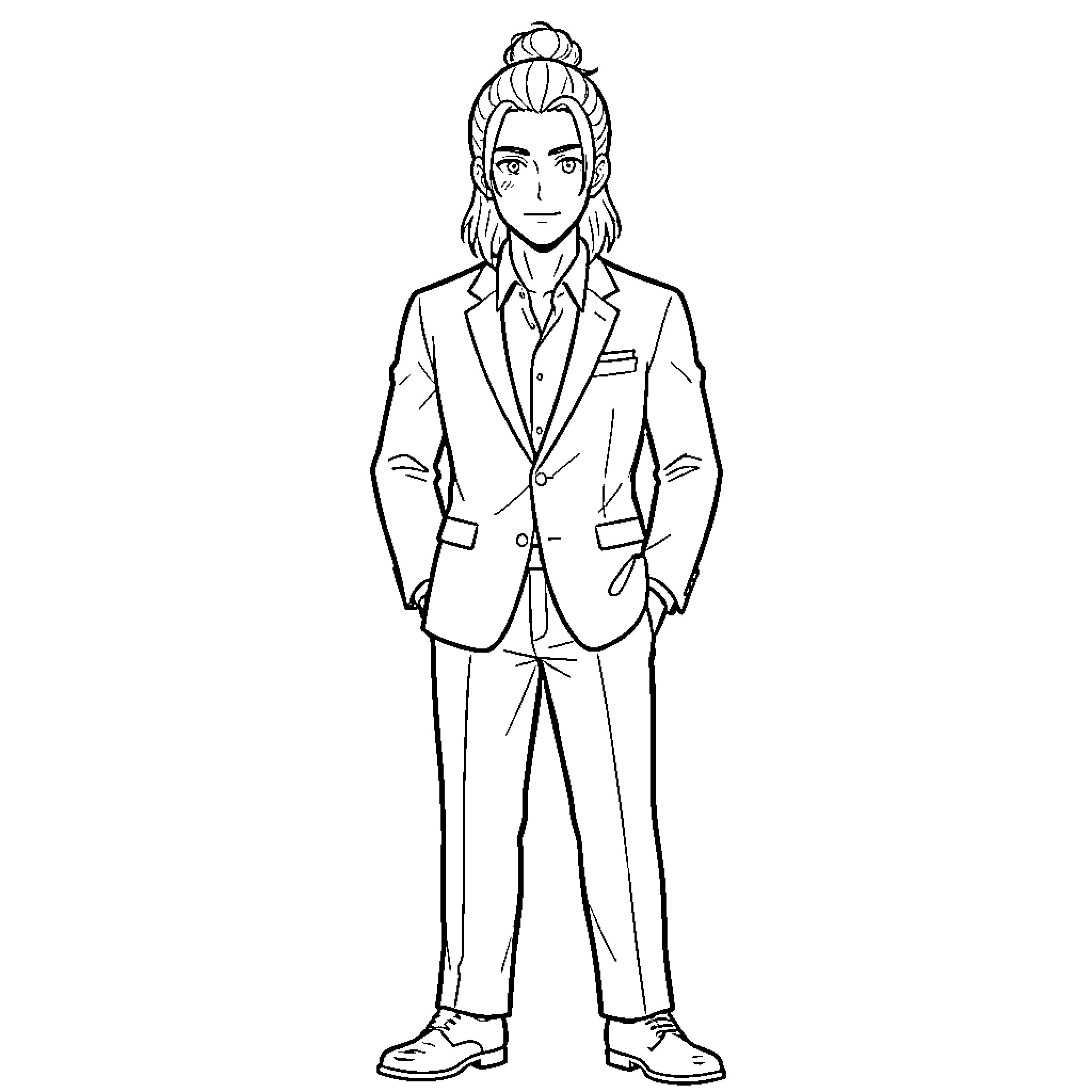 Anime Guy in Formal Attire Coloring Page (free black-and-white line drawing printable PDF for all, from beginners to advanced learners, including children, teens, adults, and seniors)