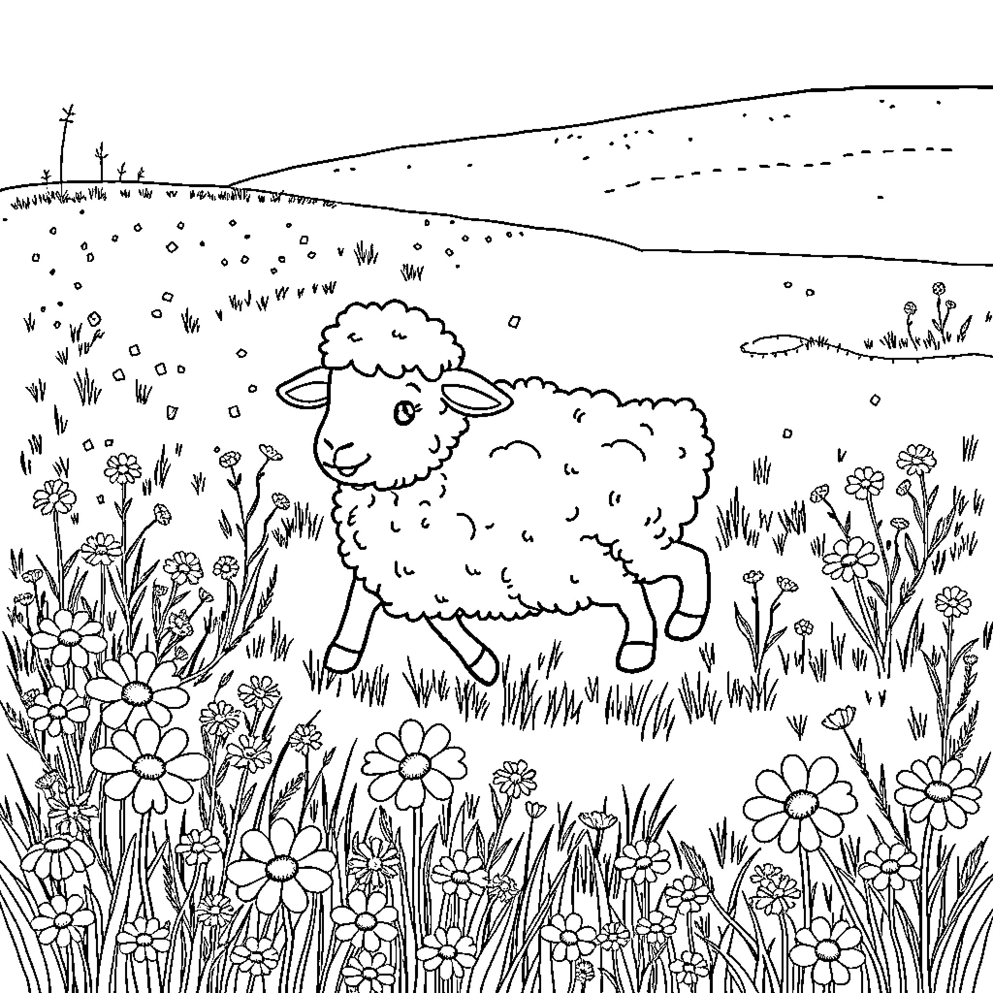 Sheep grazing peacefully in a floral meadow Coloring Page (free black-and-white line drawing printable PDF for all, from beginners to advanced learners, including children, teens, adults, and seniors)