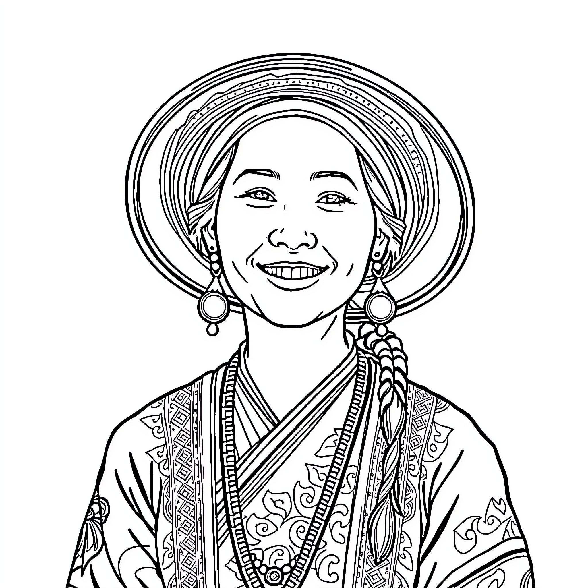 Hmong Woman in Traditional Ethnic Dress and Accessories Coloring Page (free black-and-white line drawing printable PDF for all, from beginners to advanced learners, including children, teens, adults, and seniors)