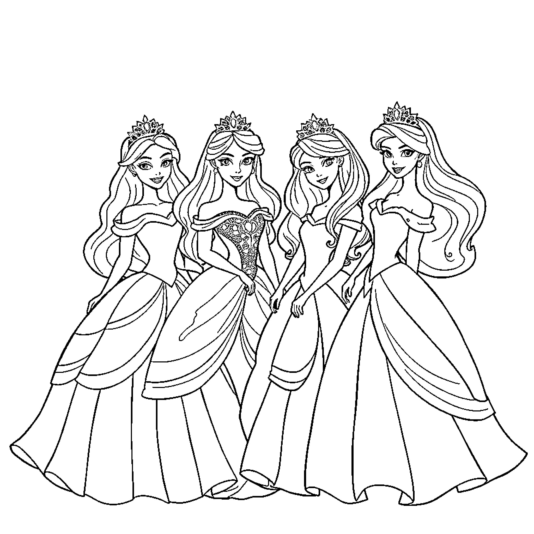 Princesses in Elegant Ball Gowns Coloring Page (free black-and-white line drawing printable PDF for all, from beginners to advanced learners, including children, teens, adults, and seniors)