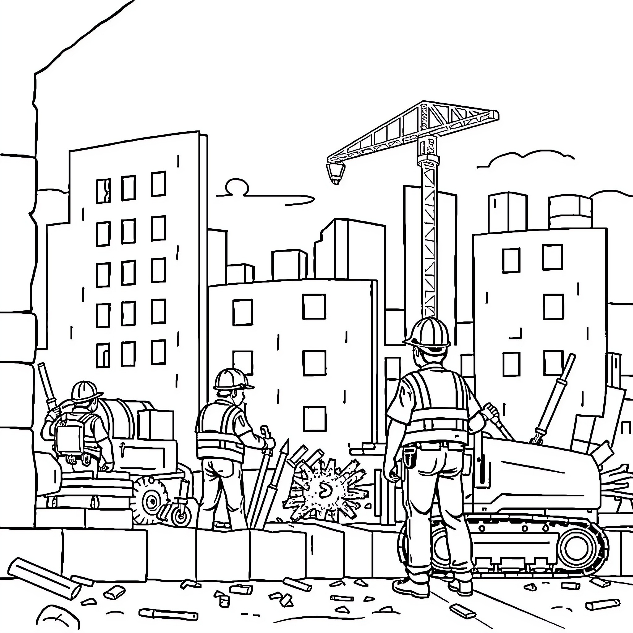 Construction workers in a cityscape with equipment Coloring Page (free black-and-white line drawing printable PDF for all, from beginners to advanced learners, including children, teens, adults, and seniors)