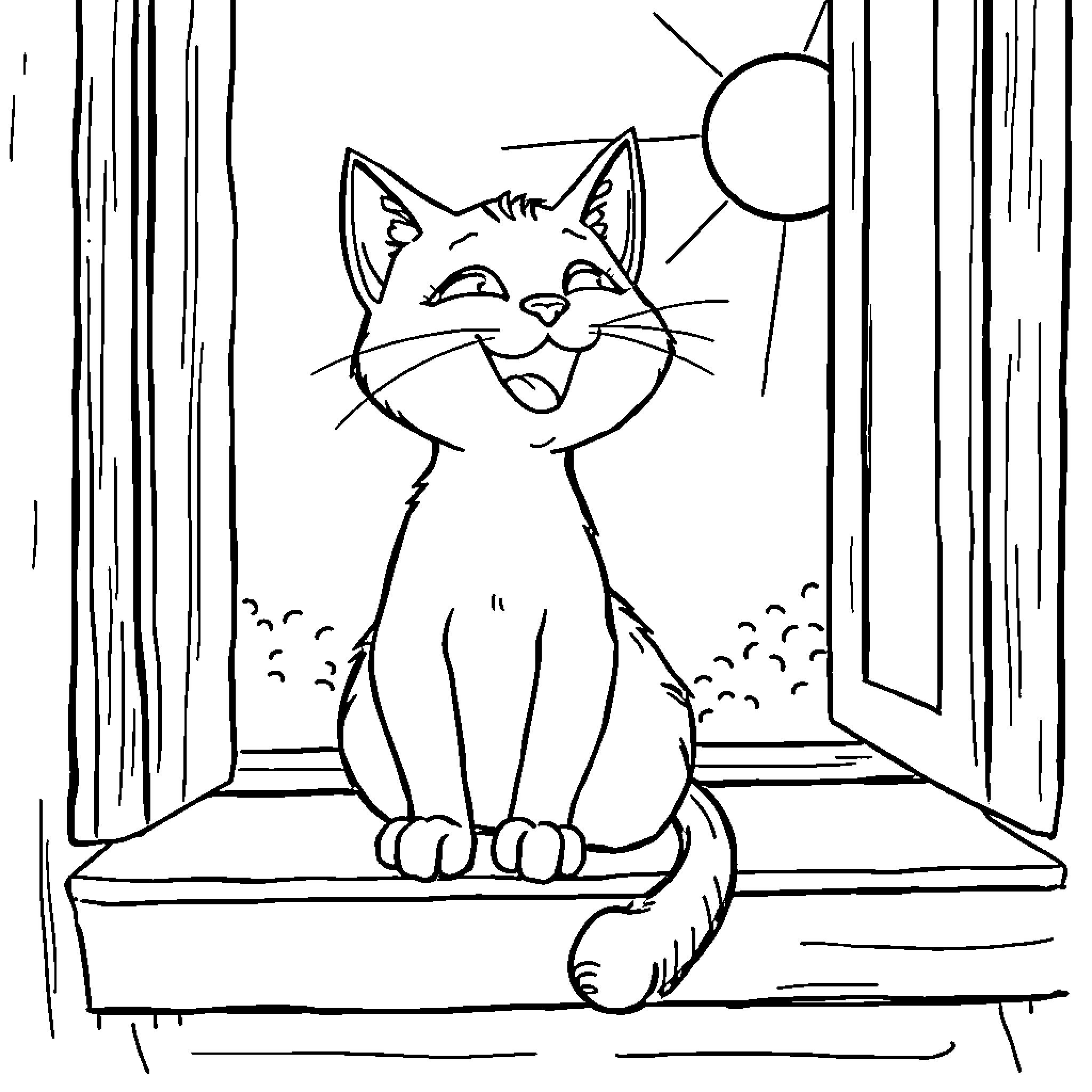 Gaby the happy cat enjoying the sunshine Coloring Page (free black-and-white line drawing printable PDF for all, from beginners to advanced learners, including children, teens, adults, and seniors)