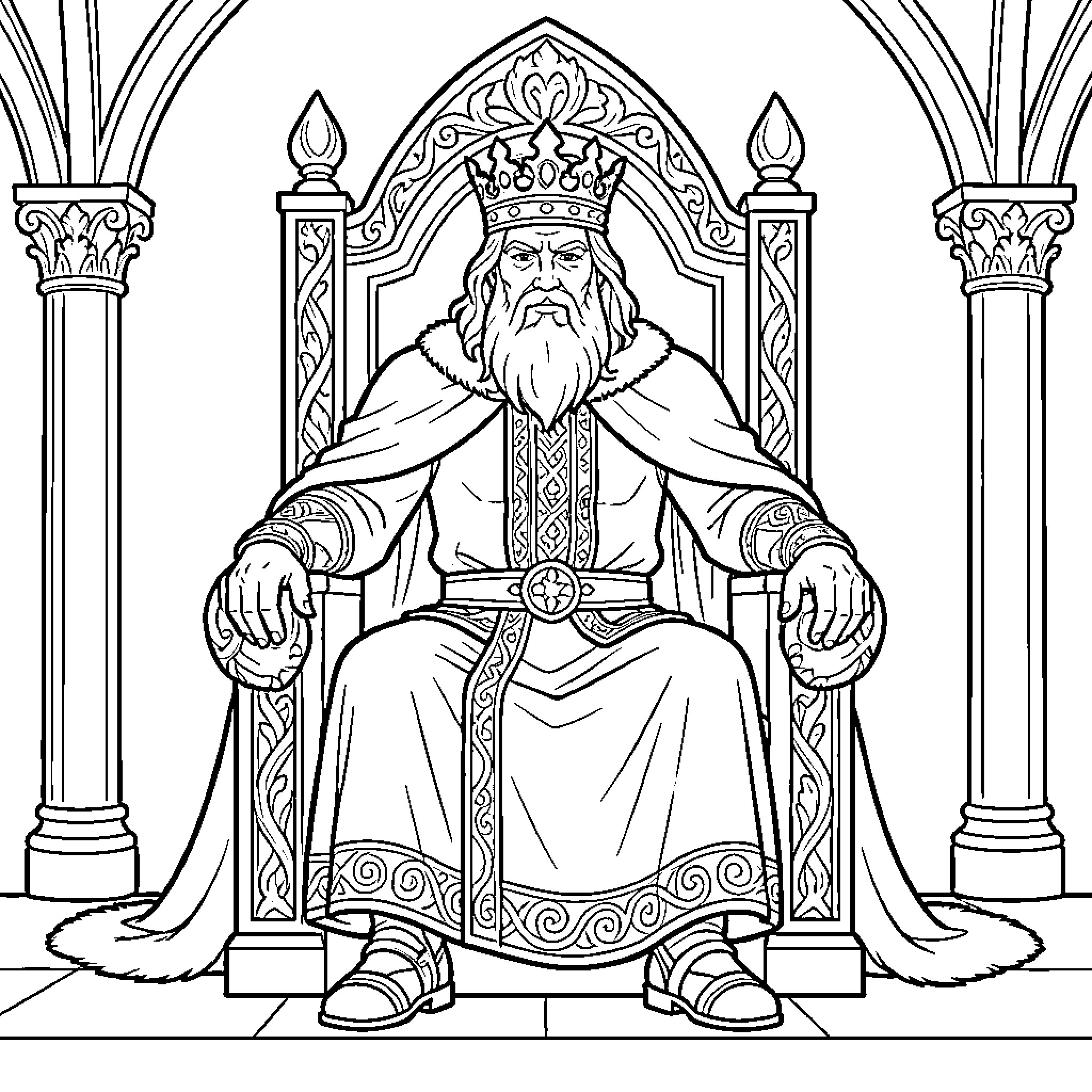 King on Ornate Throne in Regal Attire Coloring Page (free black-and-white line drawing printable PDF for all, from beginners to advanced learners, including children, teens, adults, and seniors)