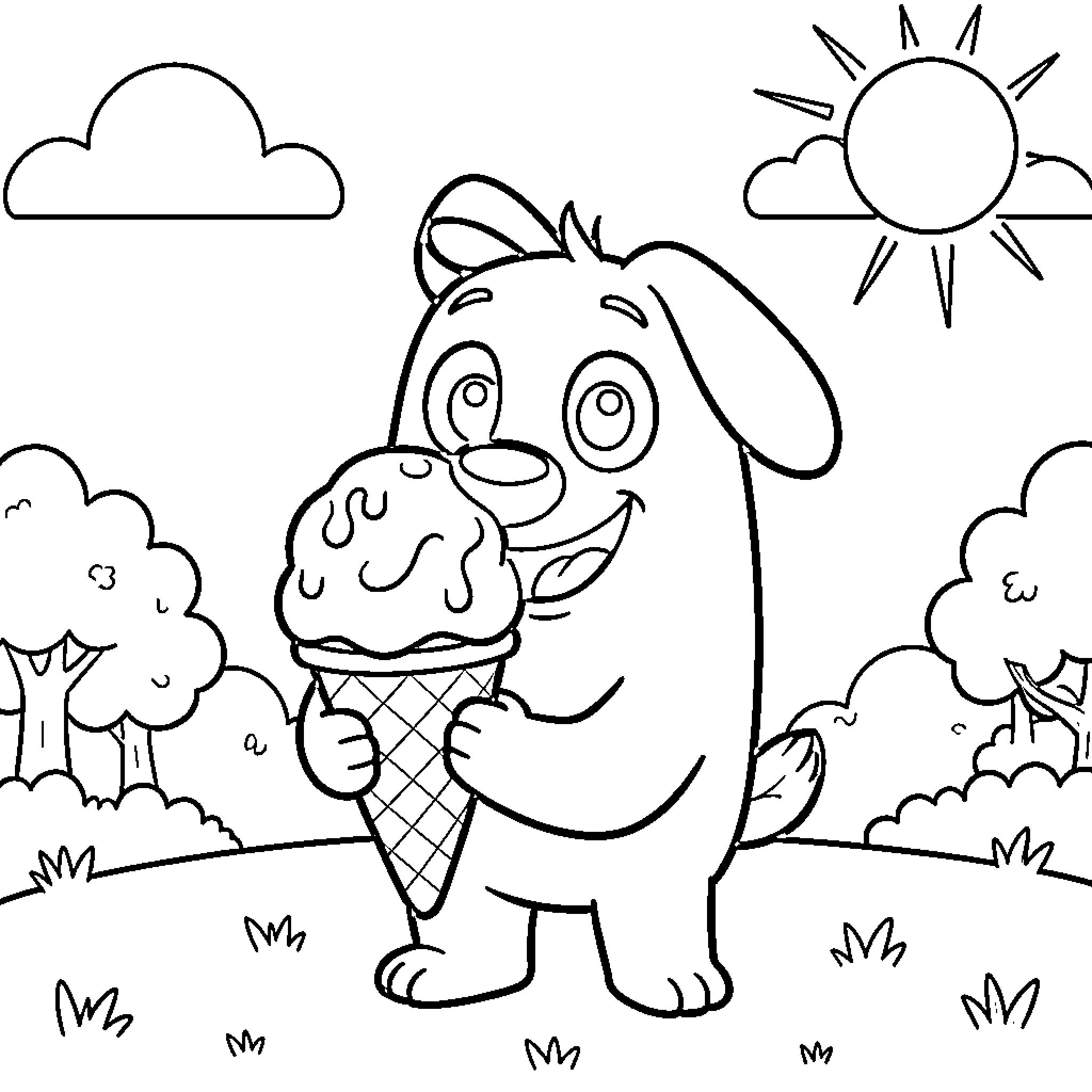 Bluey character smiling while holding a large ice cream cone Coloring Page (free black-and-white line drawing printable PDF for all, from beginners to advanced learners, including children, teens, adults, and seniors)