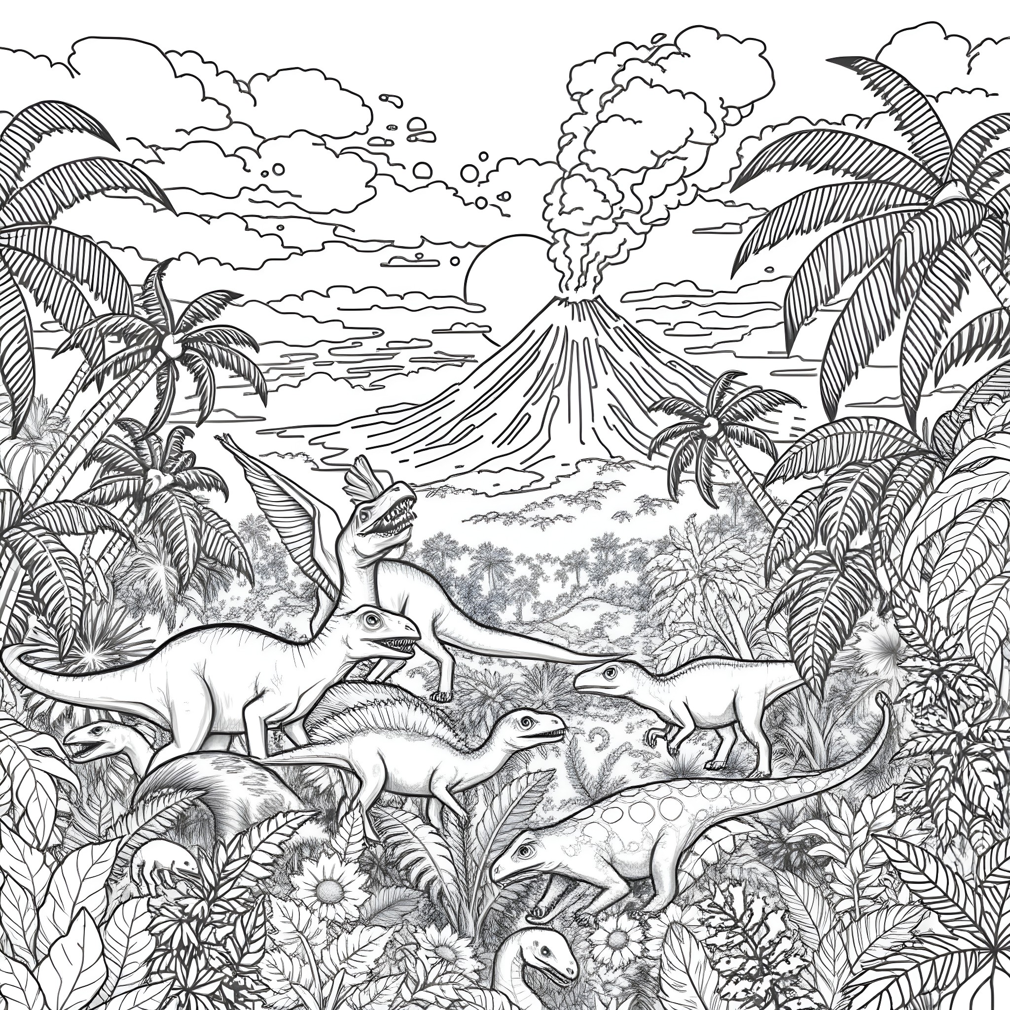 Dinosaurs roaming a prehistoric landscape Coloring Page (free black-and-white line drawing printable PDF for all, from beginners to advanced learners, including children, teens, adults, and seniors)