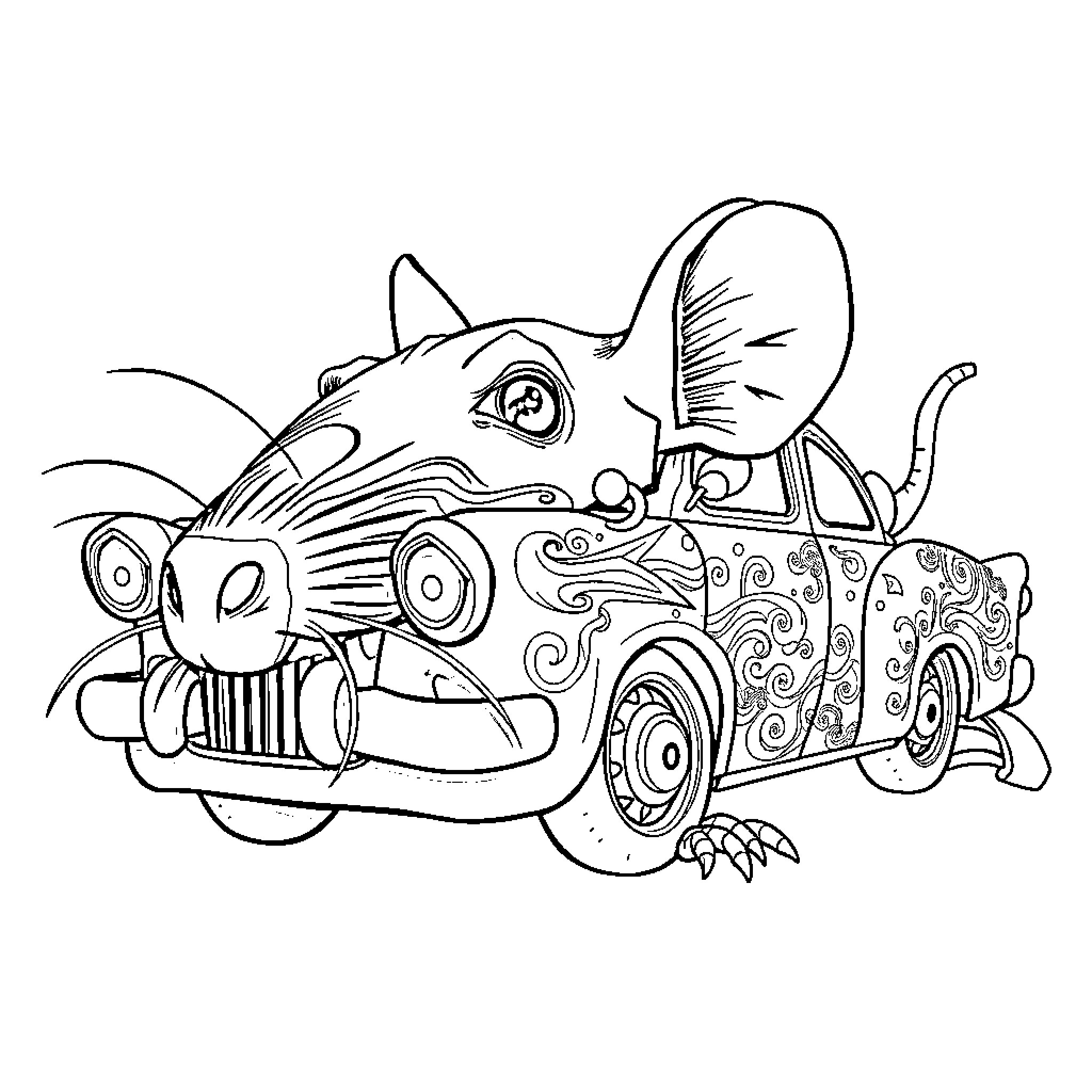 Rat Fink Driving a Quirky Vintage Car Coloring Page (free black-and-white line drawing printable PDF for all, from beginners to advanced learners, including children, teens, adults, and seniors)