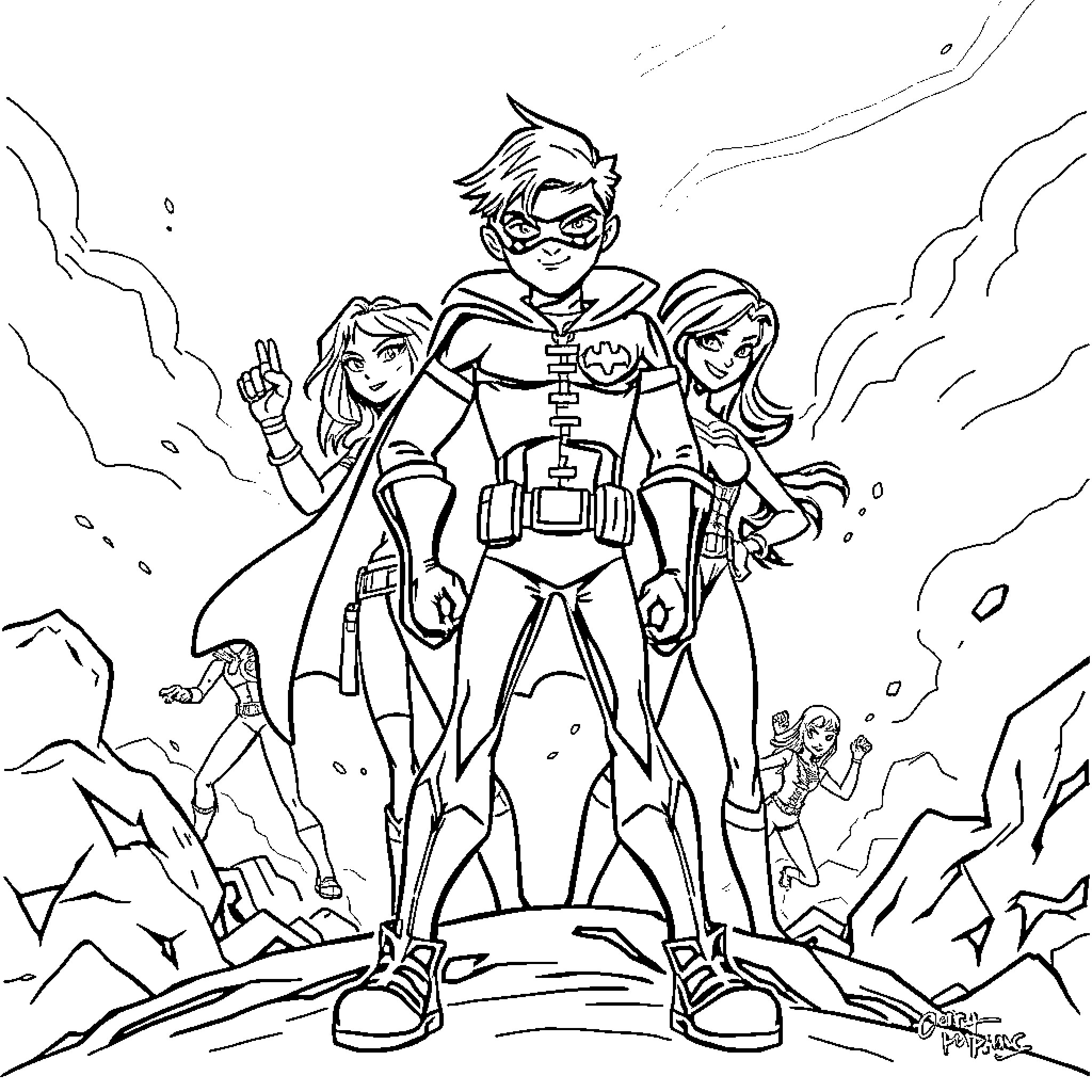 Robin and sidekicks in superhero poses Coloring Page (free black-and-white line drawing printable PDF for all, from beginners to advanced learners, including children, teens, adults, and seniors)