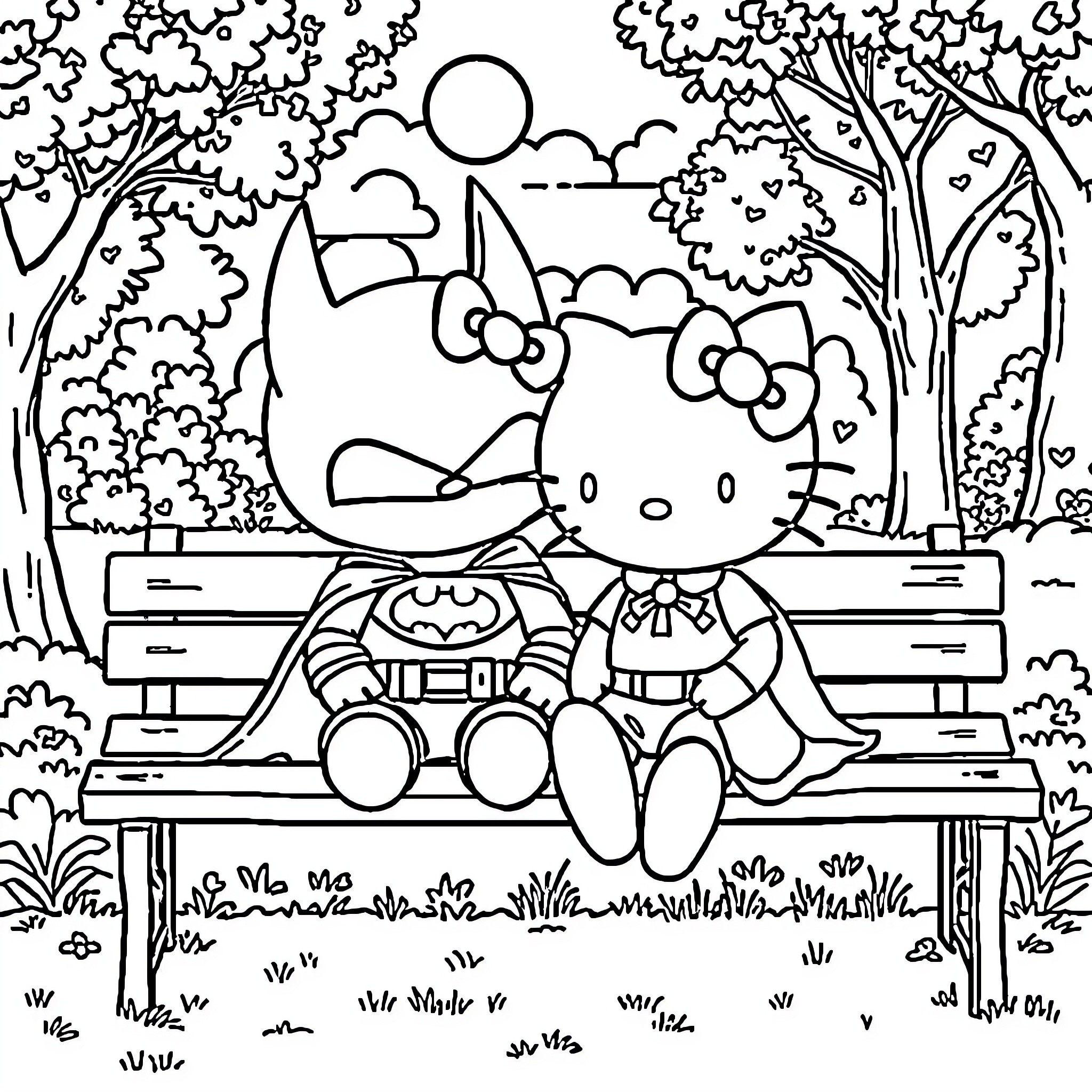 Hello Kitty enjoying a day in the park Coloring Page (free black-and-white line drawing printable PDF for all, from beginners to advanced learners, including children, teens, adults, and seniors)