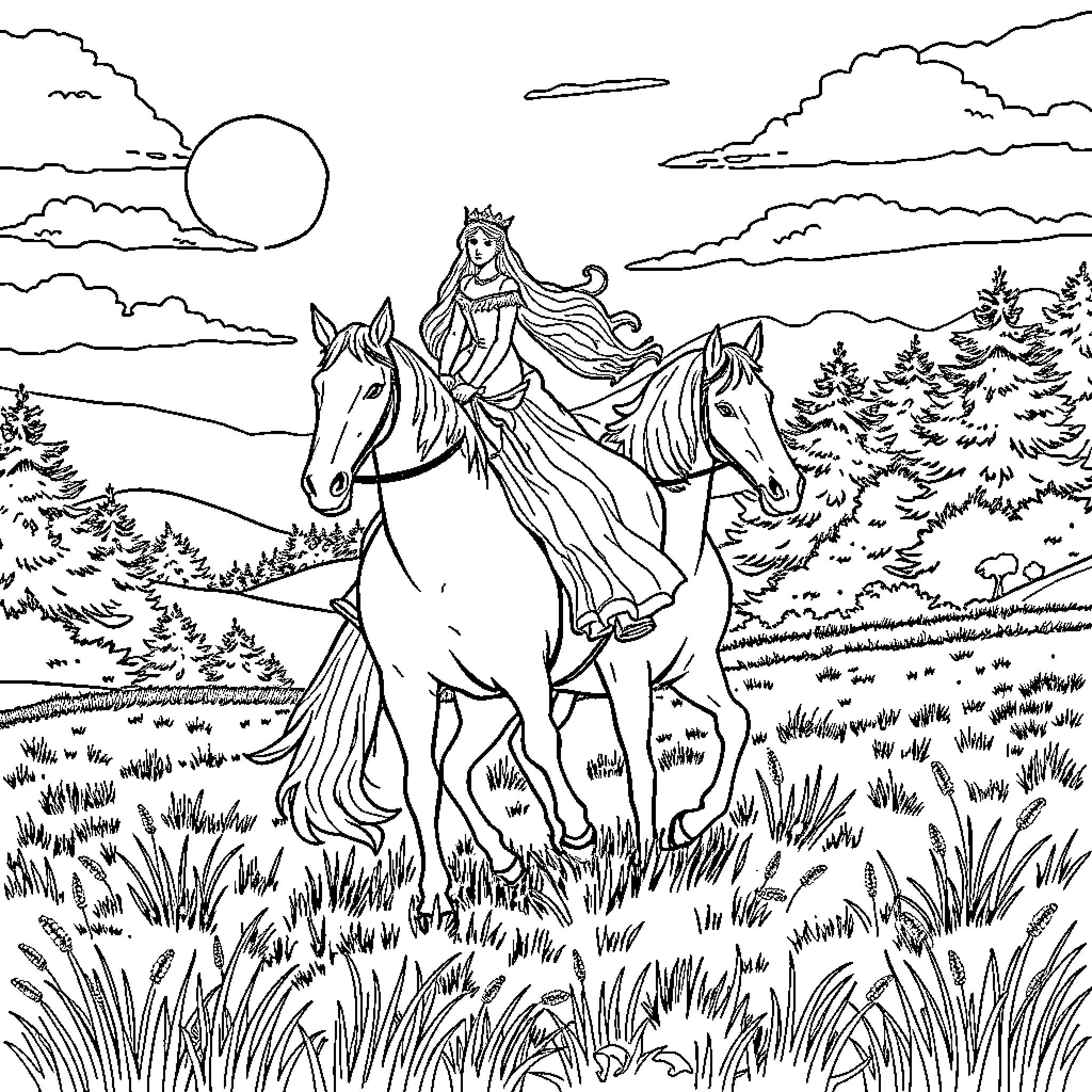 Princess riding horses through enchanting landscape Coloring Page (free black-and-white line drawing printable PDF for all, from beginners to advanced learners, including children, teens, adults, and seniors)
