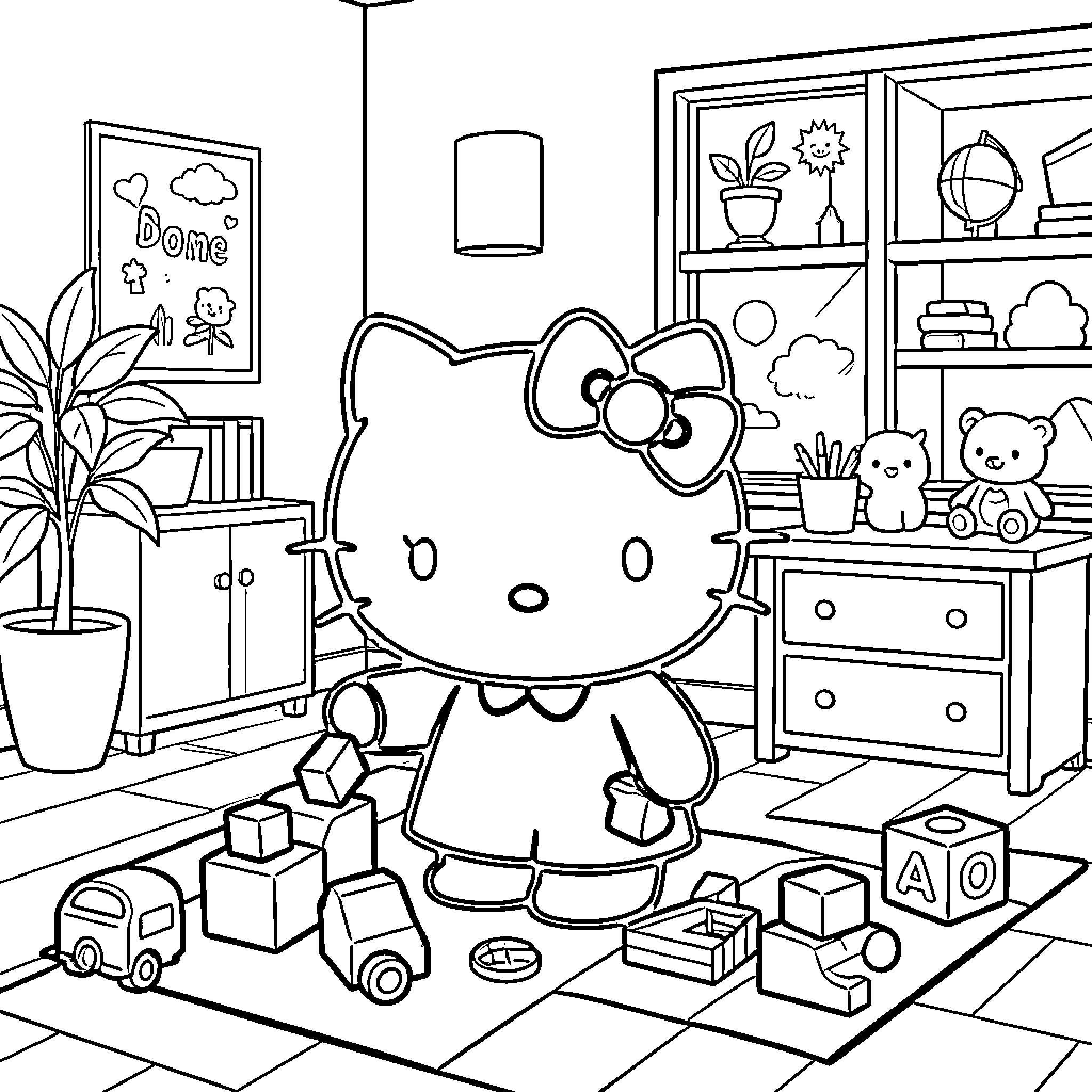 Hello Kitty playing happily with toys in her room Coloring Page (free black-and-white line drawing printable PDF for all, from beginners to advanced learners, including children, teens, adults, and seniors)