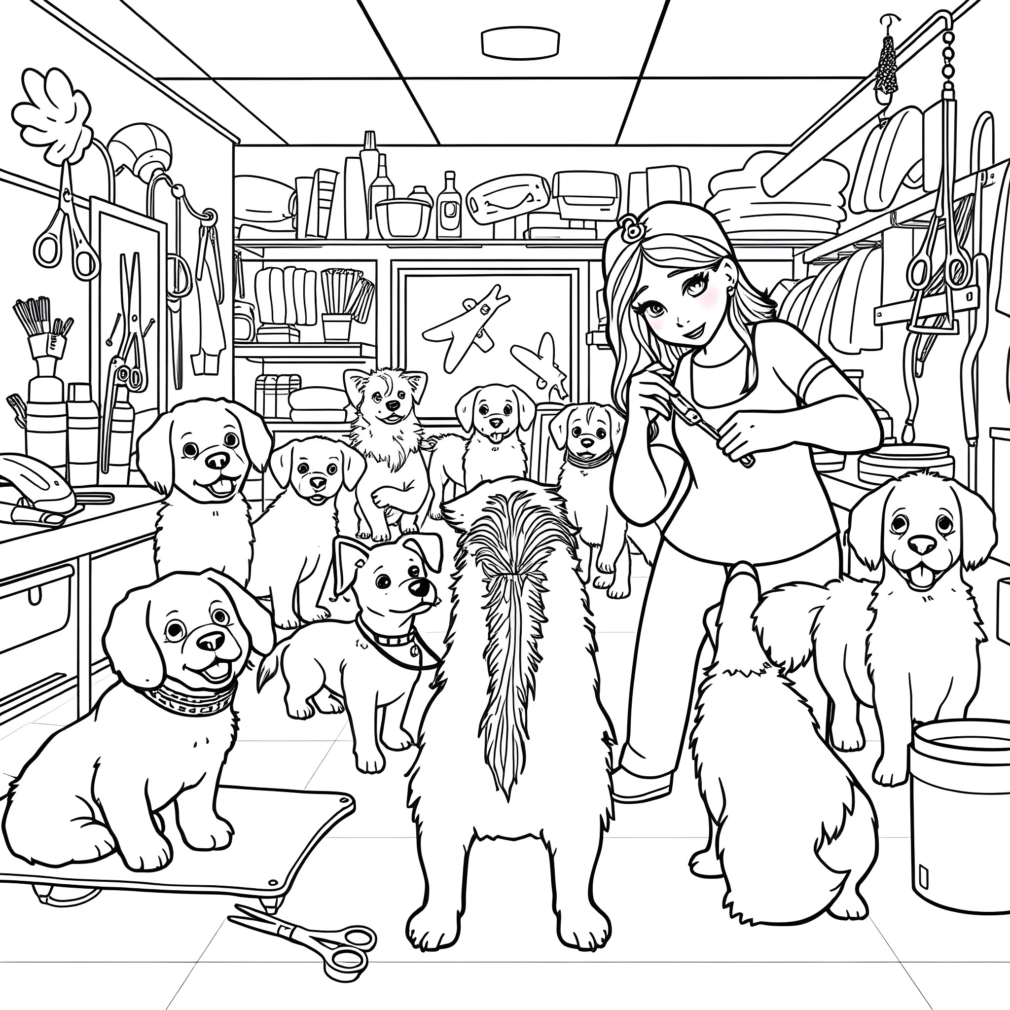 Dog Groomer Caring for Adorable Pups in the Salon Coloring Page (free black-and-white line drawing printable PDF for all, from beginners to advanced learners, including children, teens, adults, and seniors)