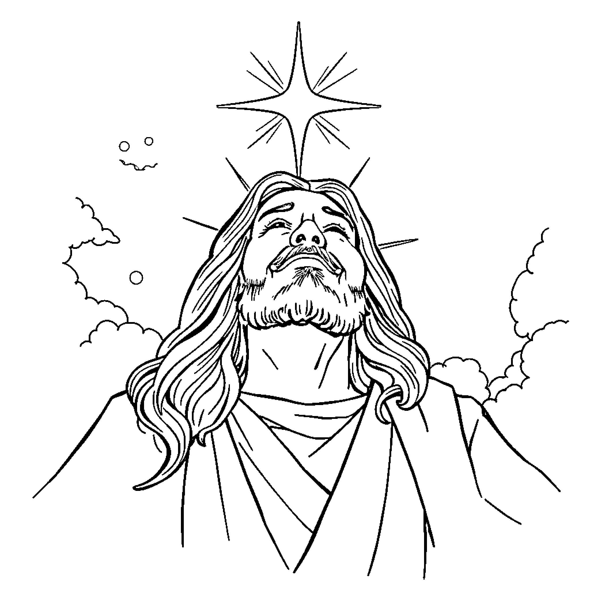 Jesus with long hair and beard in the clouds Coloring Page (free black-and-white line drawing printable PDF for all, from beginners to advanced learners, including children, teens, adults, and seniors)