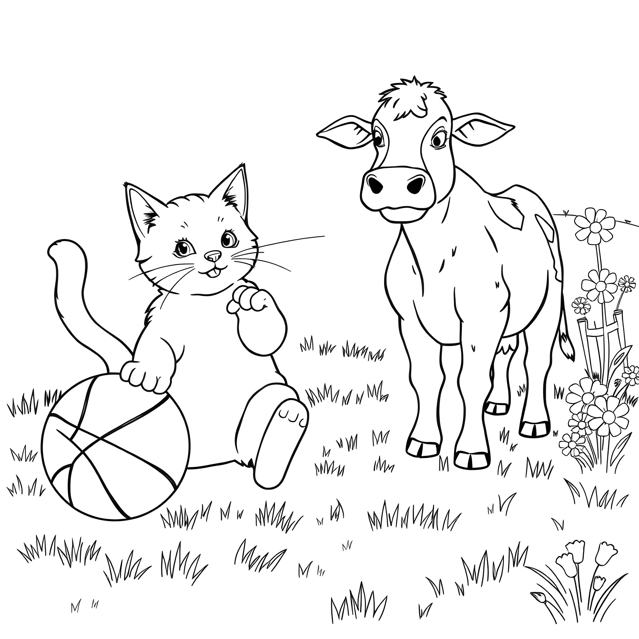 Cat and Cow Playing Together on the Grass Coloring Page (free black-and-white line drawing printable PDF for all, from beginners to advanced learners, including children, teens, adults, and seniors)
