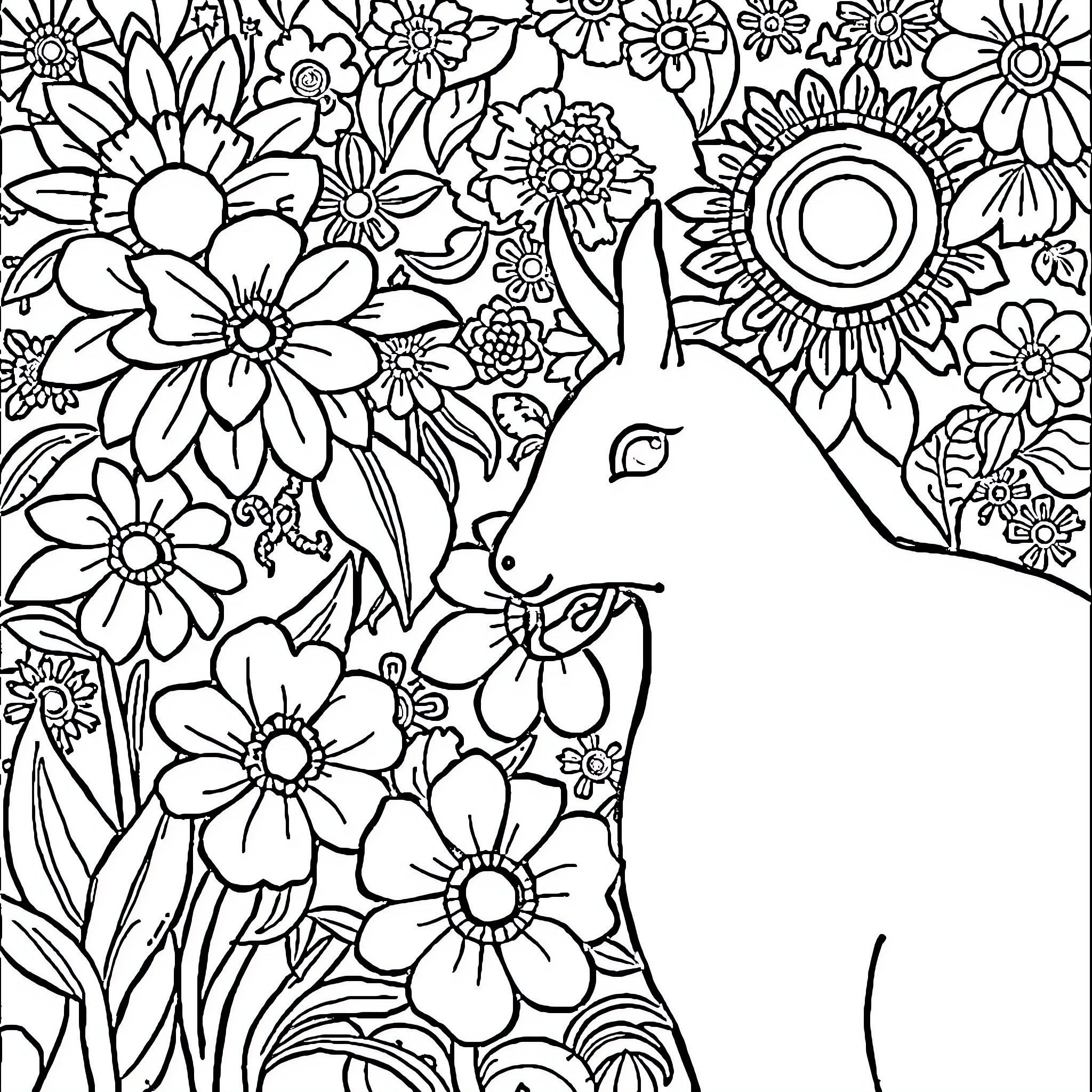 Book of Colorful Floral Designs and Rabbit Coloring Page (free black-and-white line drawing printable PDF for all, from beginners to advanced learners, including children, teens, adults, and seniors)