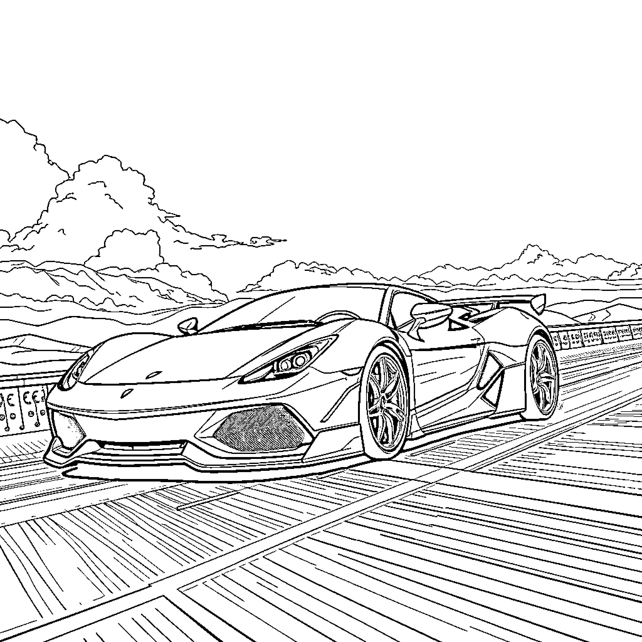 Sport Car speeding on the open road Coloring Page (free black-and-white line drawing printable PDF for all, from beginners to advanced learners, including children, teens, adults, and seniors)