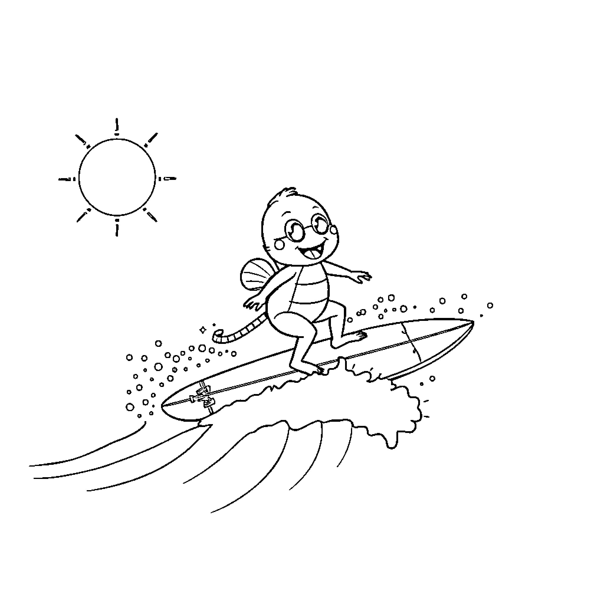 Labubu surfing on a wave with sun Coloring Page (free black-and-white line drawing printable PDF for all, from beginners to advanced learners, including children, teens, adults, and seniors)