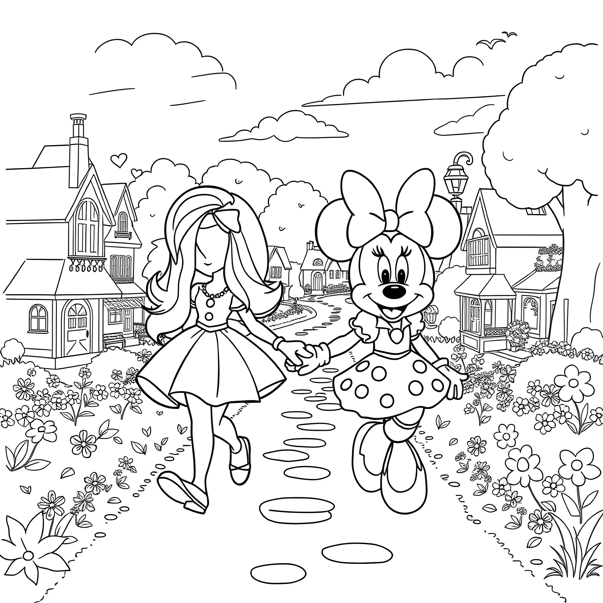 Pinkalicious characters exploring a whimsical town Coloring Page (free black-and-white line drawing printable PDF for all, from beginners to advanced learners, including children, teens, adults, and seniors)