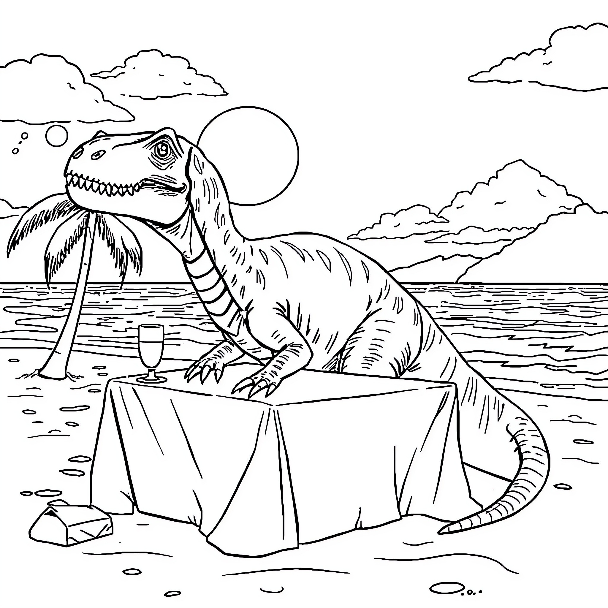 Dinosaur enjoying tropical beach landscape Coloring Page (free black-and-white line drawing printable PDF for all, from beginners to advanced learners, including children, teens, adults, and seniors)
