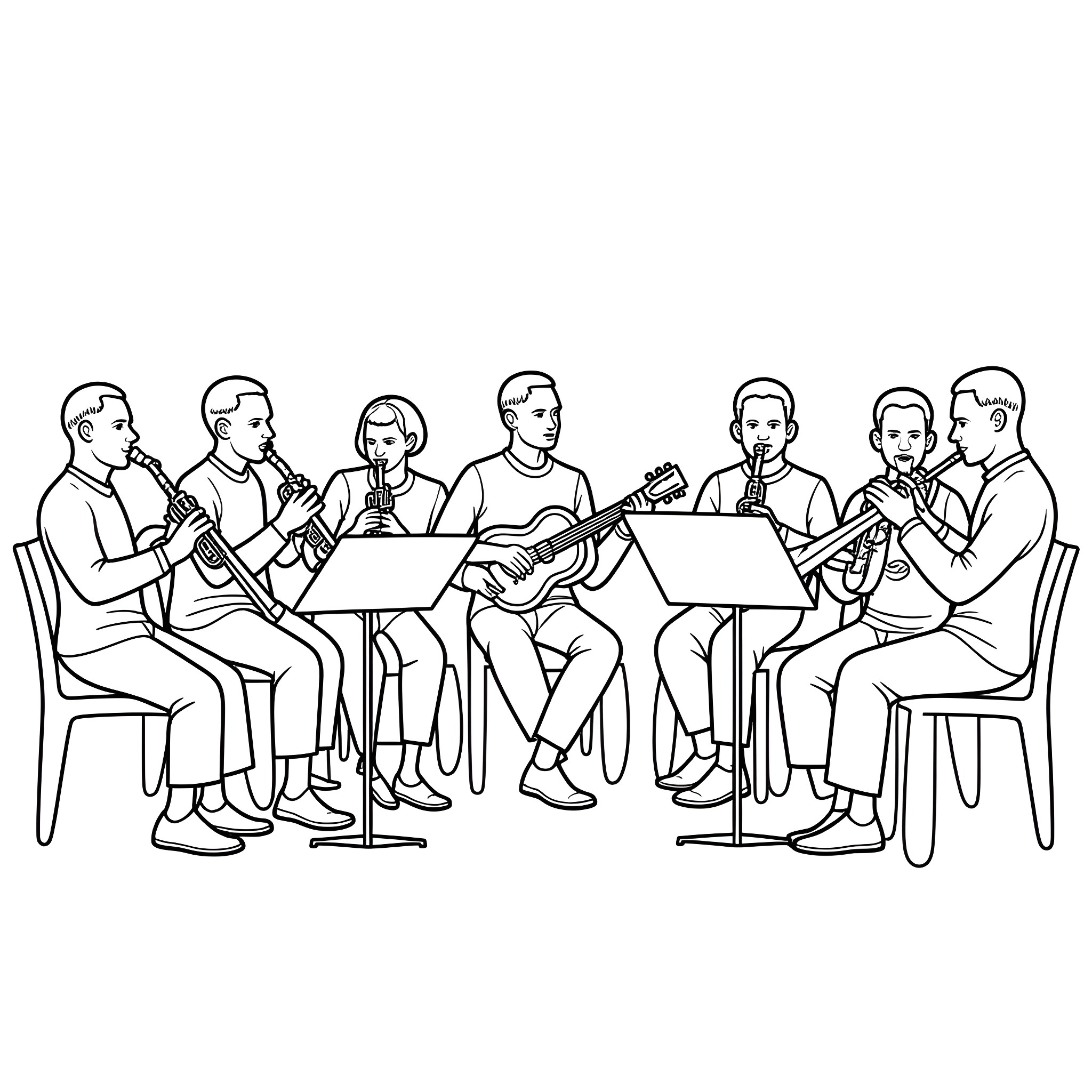 Instrument Musicians Performing Together Coloring Page (free black-and-white line drawing printable PDF for all, from beginners to advanced learners, including children, teens, adults, and seniors)