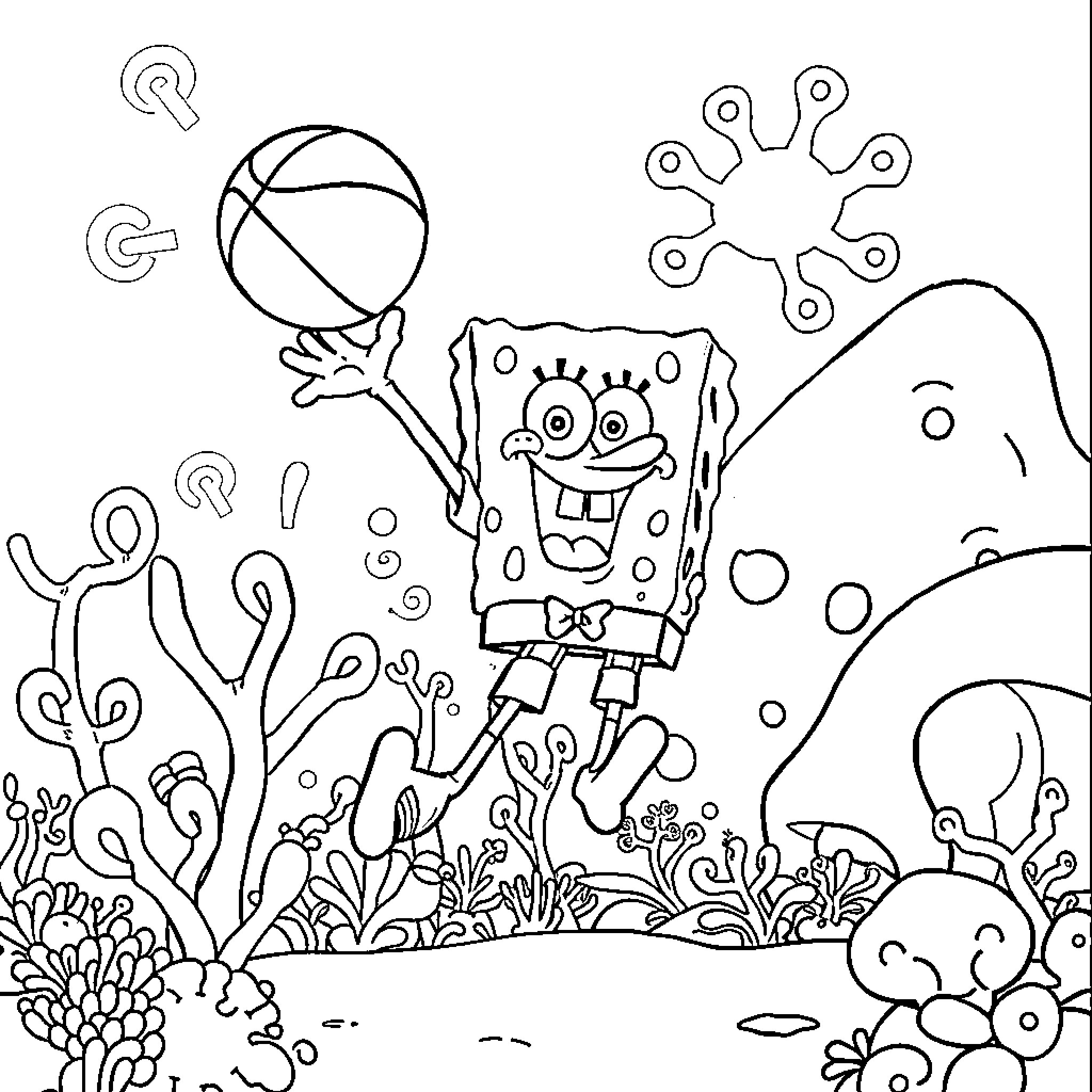 Squidward in the underwater world Coloring Page (free black-and-white line drawing printable PDF for all, from beginners to advanced learners, including children, teens, adults, and seniors)