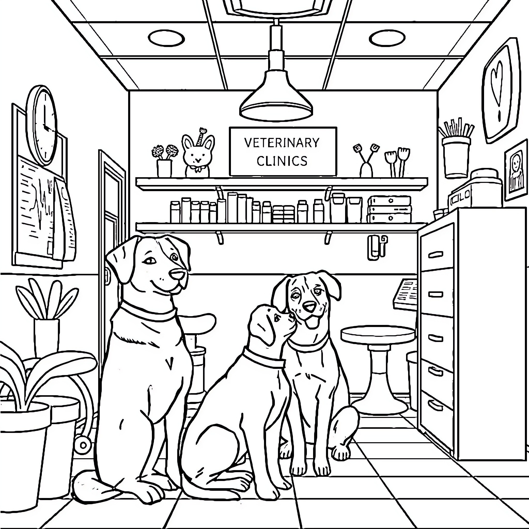 Dog companions visiting veterinary clinics Coloring Page (free black-and-white line drawing printable PDF for all, from beginners to advanced learners, including children, teens, adults, and seniors)