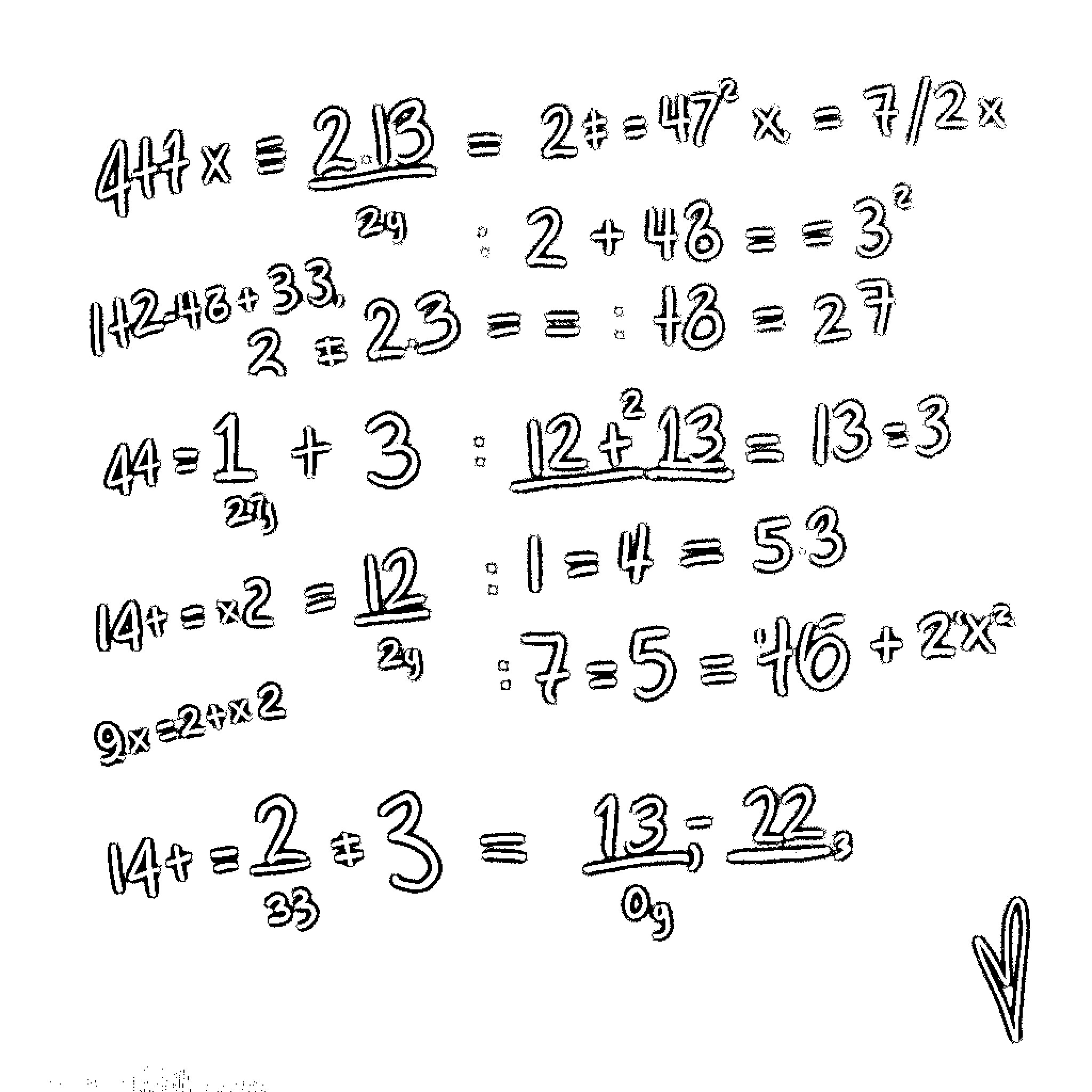 Math Equations and Calculations Handwritten on Paper Coloring Page (free black-and-white line drawing printable PDF for all, from beginners to advanced learners, including children, teens, adults, and seniors)