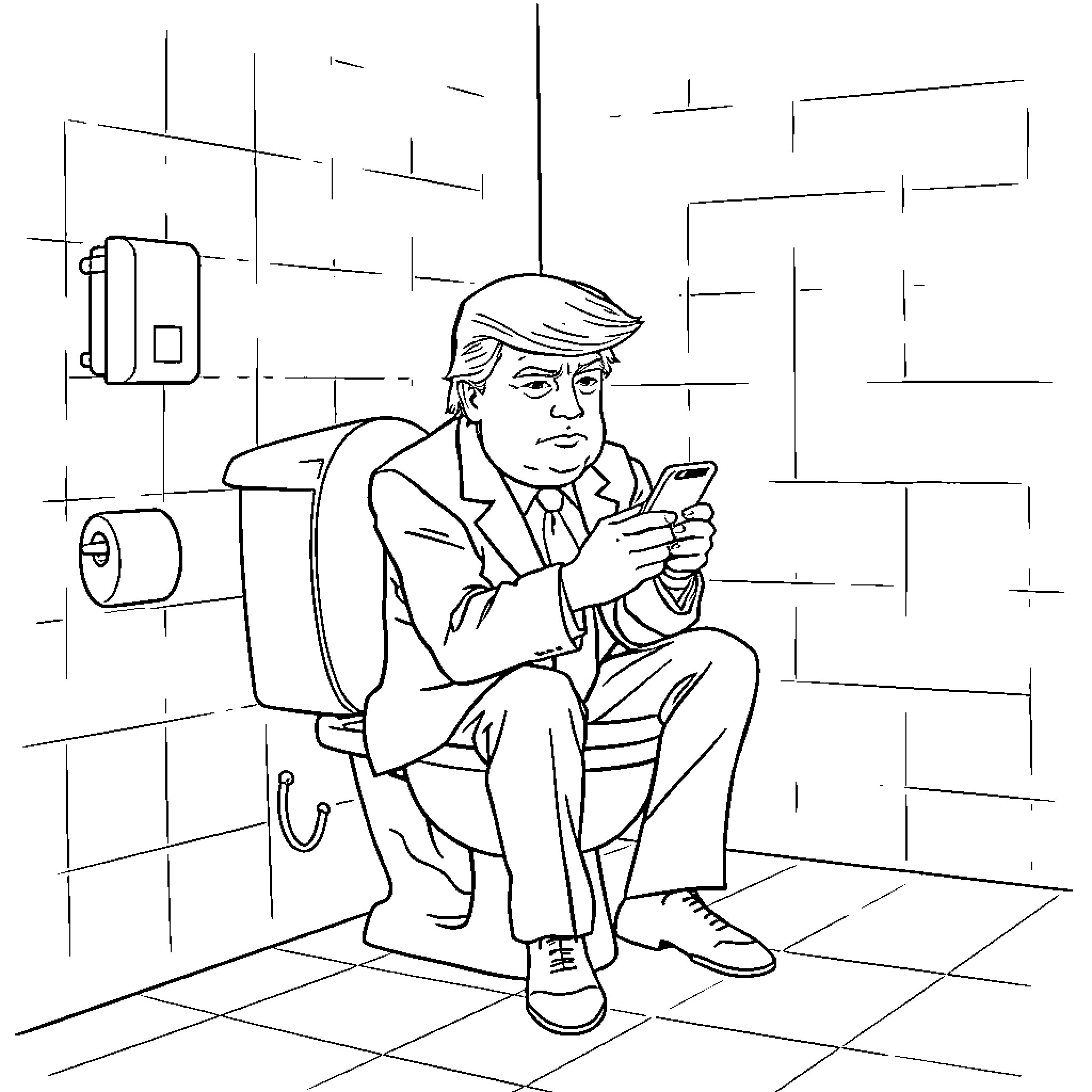 Trump Using Smartphone in Bathroom Coloring Page (free black-and-white line drawing printable PDF for all, from beginners to advanced learners, including children, teens, adults, and seniors)