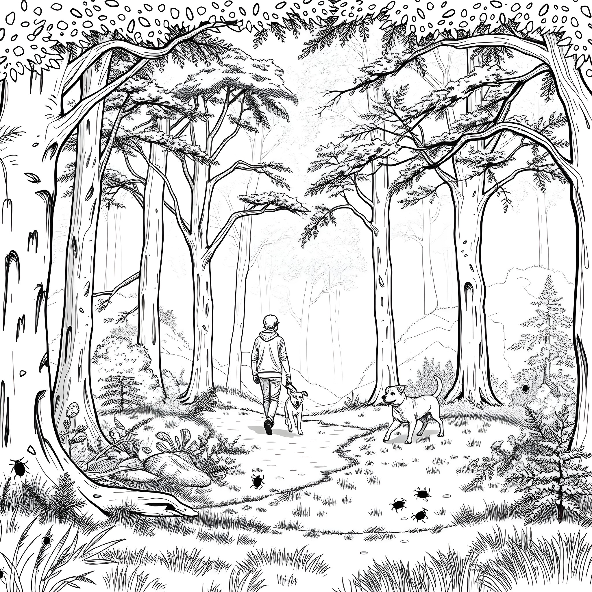 Person walking with dog in mystical forest Coloring Page (free black-and-white line drawing printable PDF for all, from beginners to advanced learners, including children, teens, adults, and seniors)