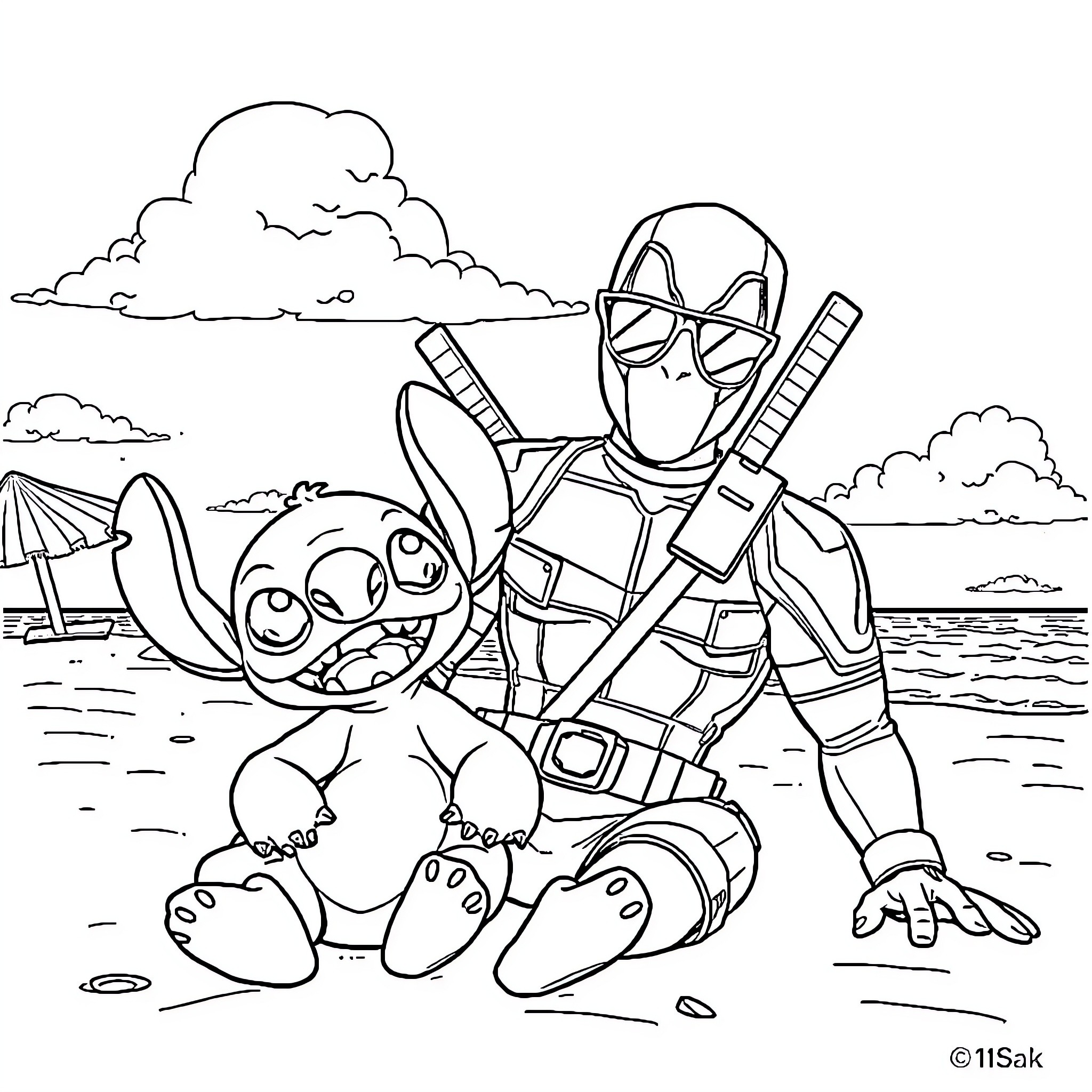 Deadpool and Stitch's Beachside Adventure Coloring Page (free black-and-white line drawing printable PDF for all, from beginners to advanced learners, including children, teens, adults, and seniors)