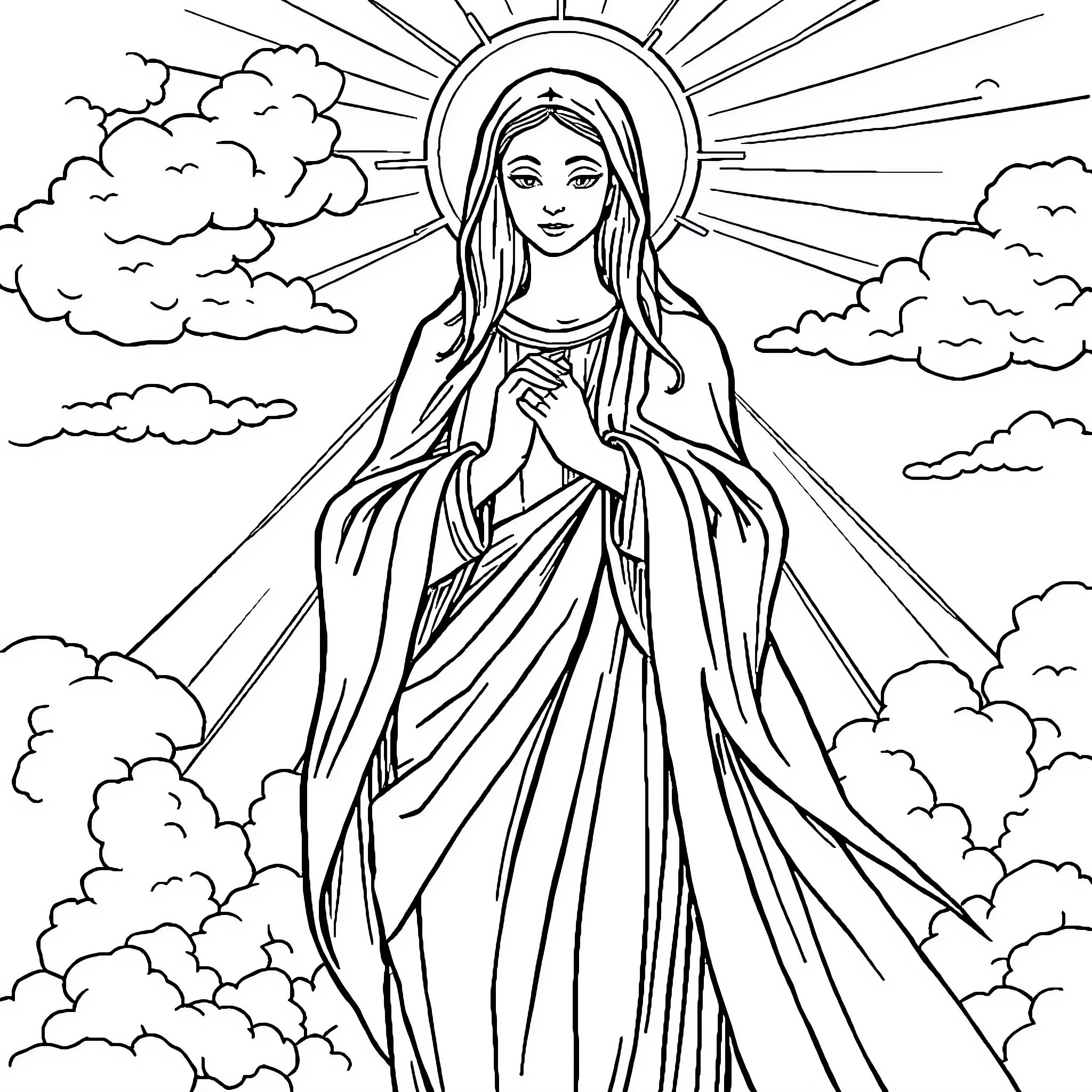 Virgin Mary in celestial glory Coloring Page (free black-and-white line drawing printable PDF for all, from beginners to advanced learners, including children, teens, adults, and seniors)