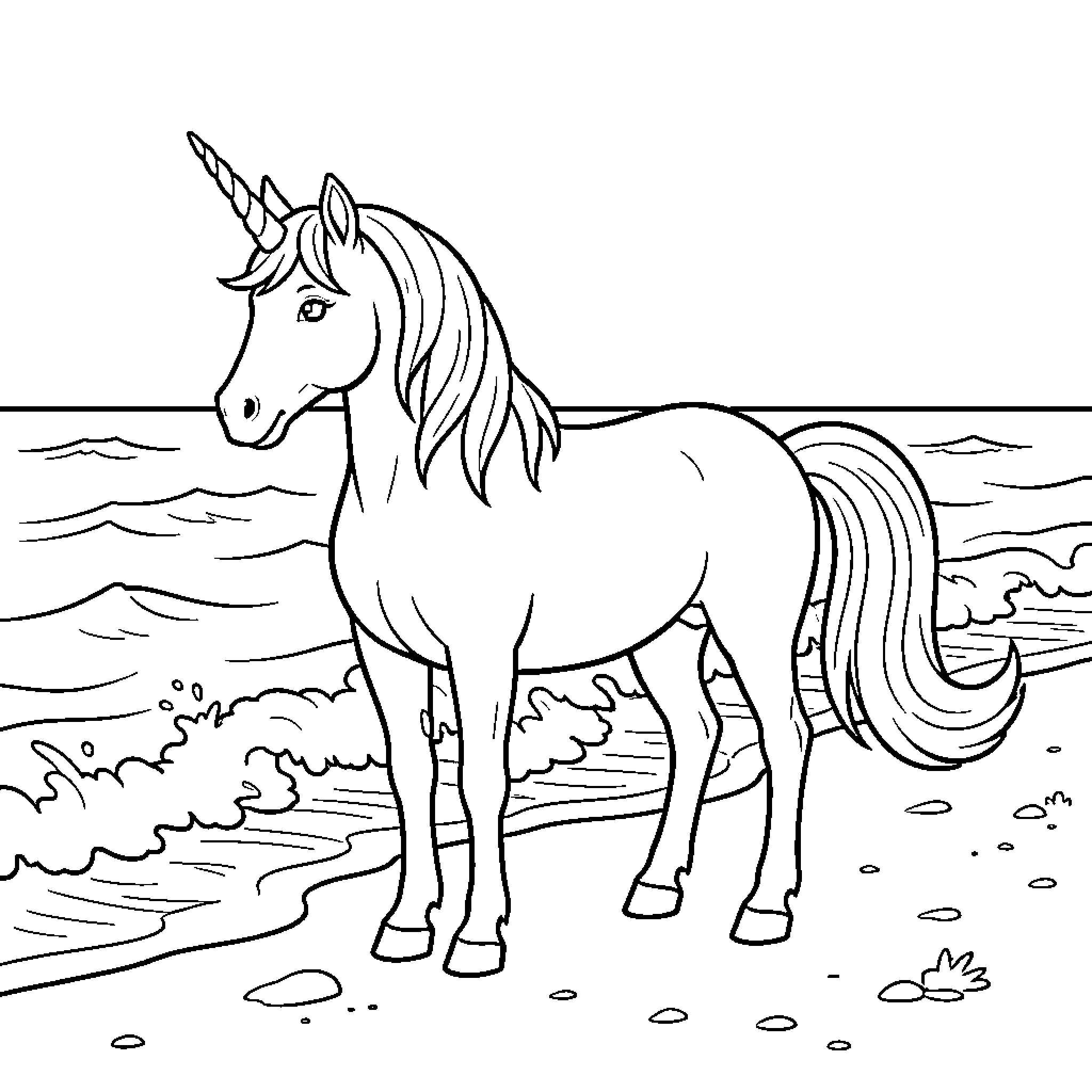 Unicorn standing peacefully on a sandy beach Coloring Page (free black-and-white line drawing printable PDF for all, from beginners to advanced learners, including children, teens, adults, and seniors)