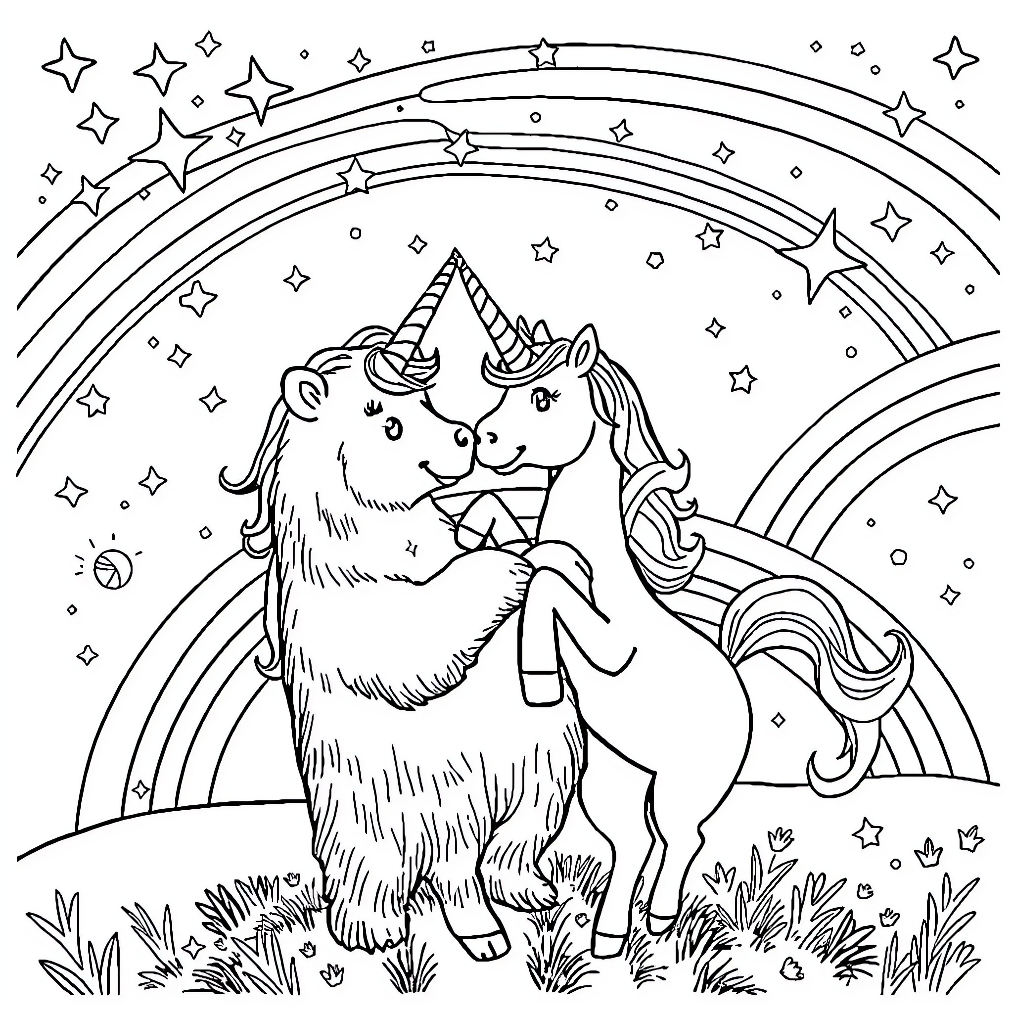 Unicorn friends sharing a magical moment Coloring Page (free black-and-white line drawing printable PDF for all, from beginners to advanced learners, including children, teens, adults, and seniors)