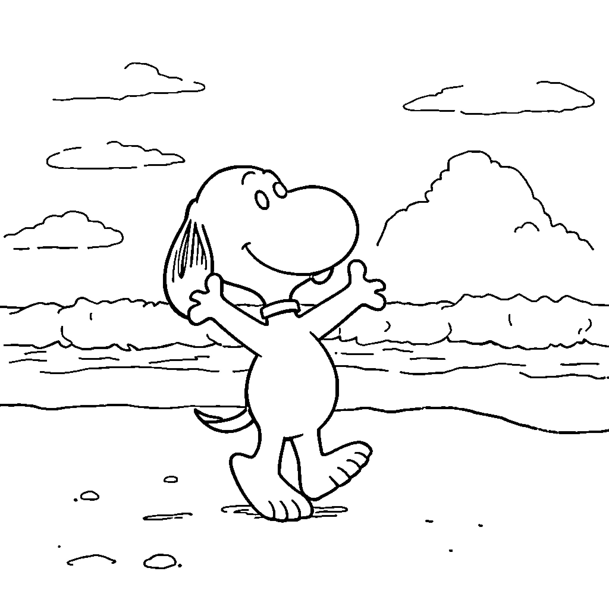 Snoopy enjoying a sunny day at the beach Coloring Page (free black-and-white line drawing printable PDF for all, from beginners to advanced learners, including children, teens, adults, and seniors)