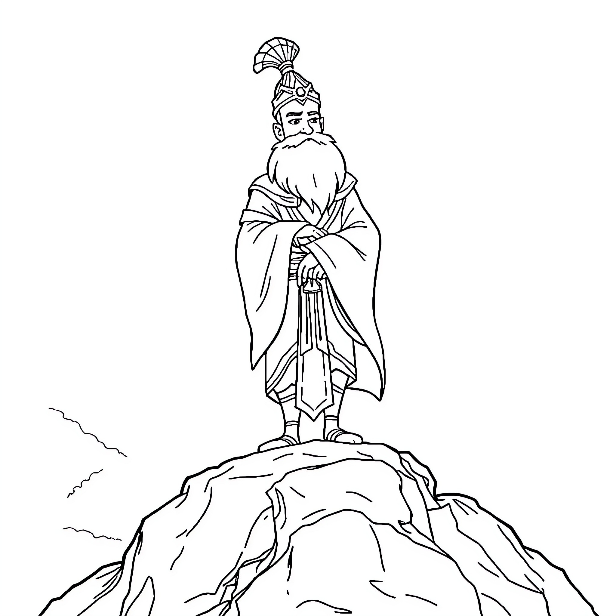 Earth's Majestic Warrior Standing Tall on Rugged Terrain Coloring Page (free black-and-white line drawing printable PDF for all, from beginners to advanced learners, including children, teens, adults, and seniors)