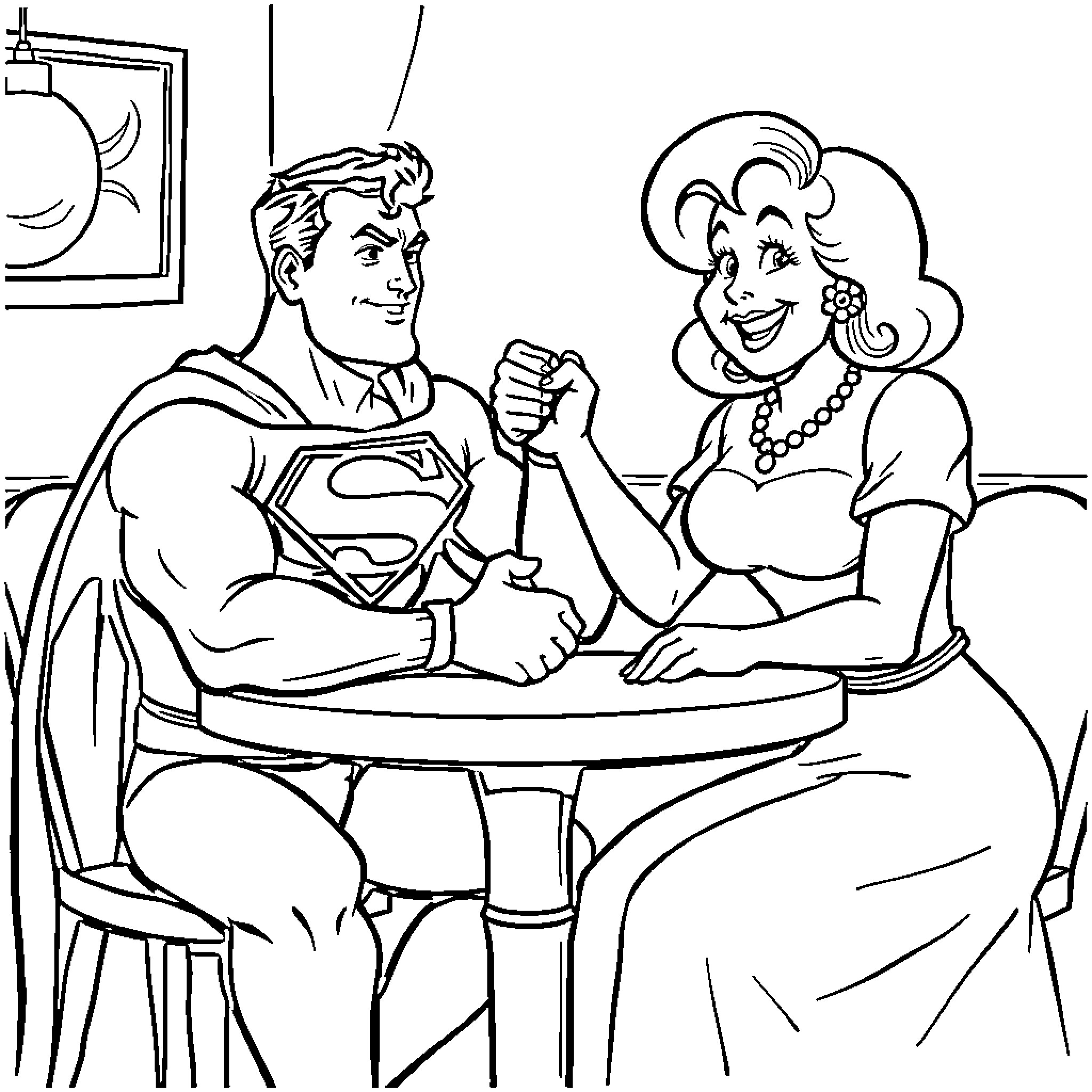 Superman enjoying a conversation with a friendly woman Coloring Page (free black-and-white line drawing printable PDF for all, from beginners to advanced learners, including children, teens, adults, and seniors)