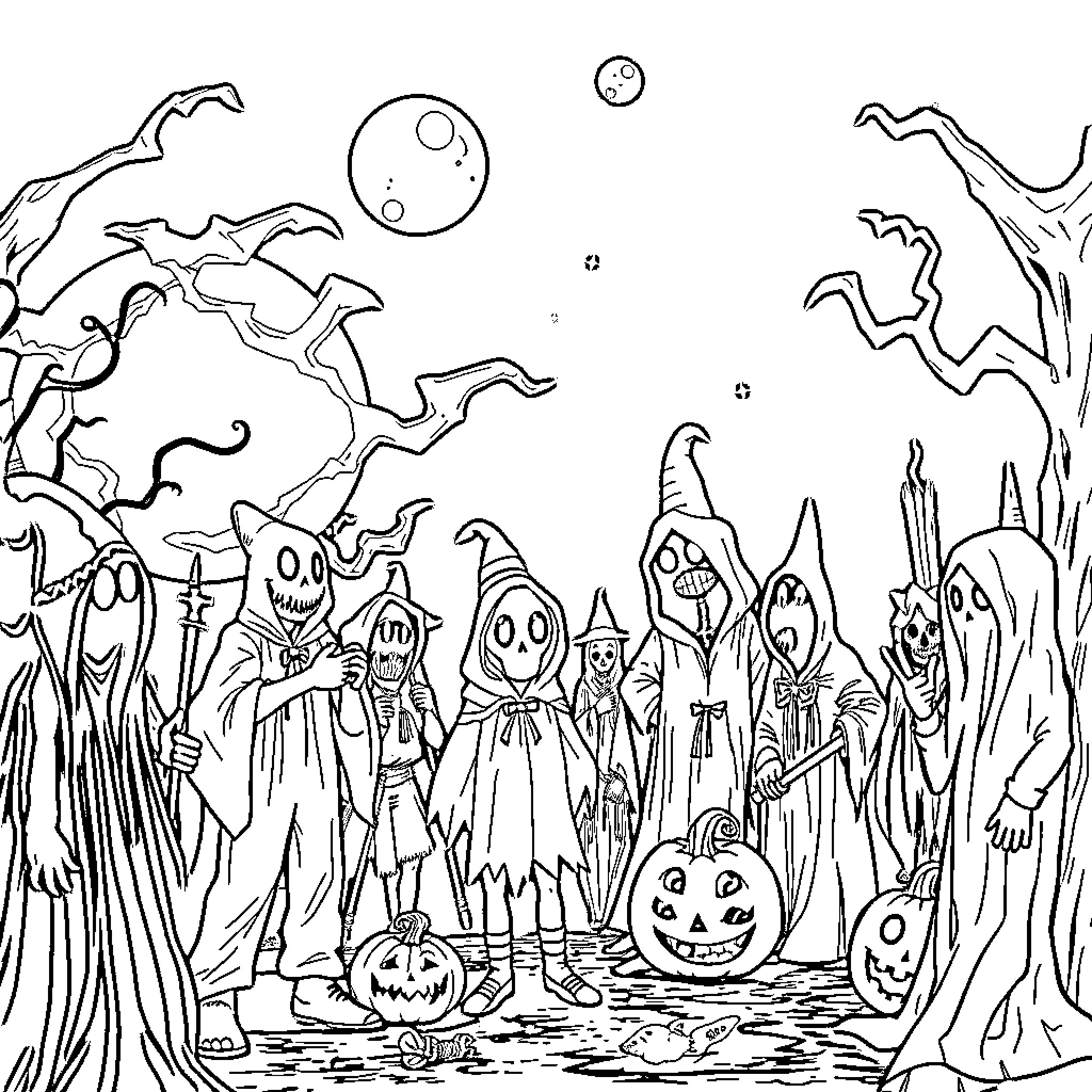 Halloween spooky characters gathering in the eerie woods Coloring Page (free black-and-white line drawing printable PDF for all, from beginners to advanced learners, including children, teens, adults, and seniors)
