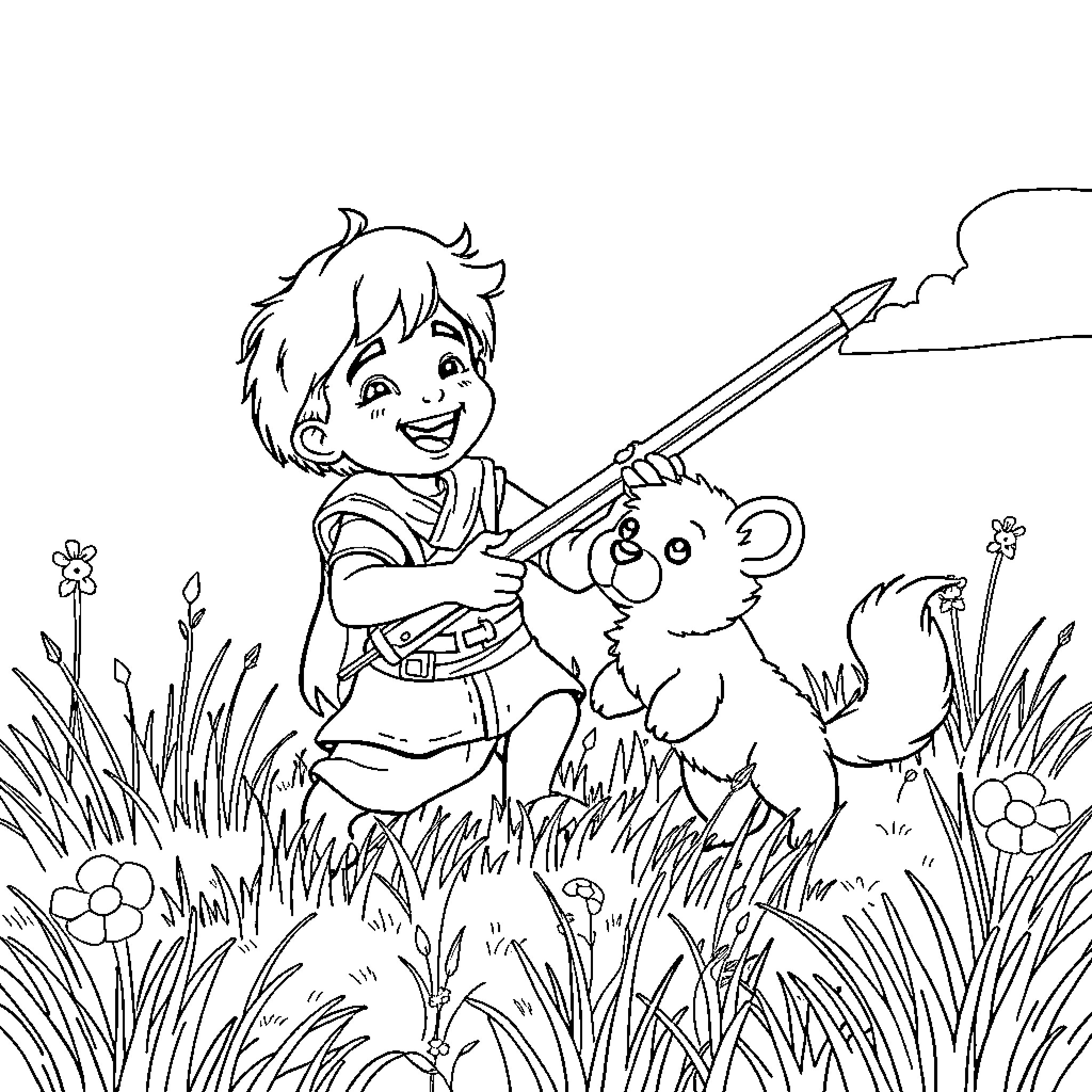 Rumi's Playful Adventure with Furry Friend Coloring Page (free black-and-white line drawing printable PDF for all, from beginners to advanced learners, including children, teens, adults, and seniors)