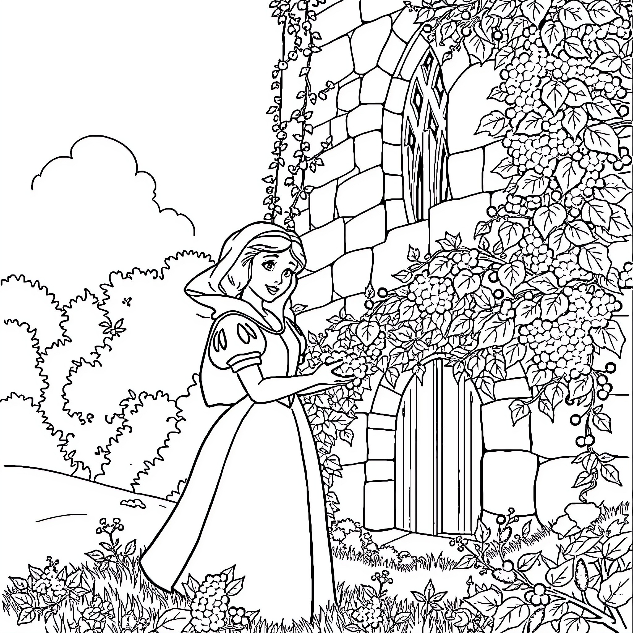 Snow White admiring a castle in the enchanted forest Coloring Page (free black-and-white line drawing printable PDF for all, from beginners to advanced learners, including children, teens, adults, and seniors)