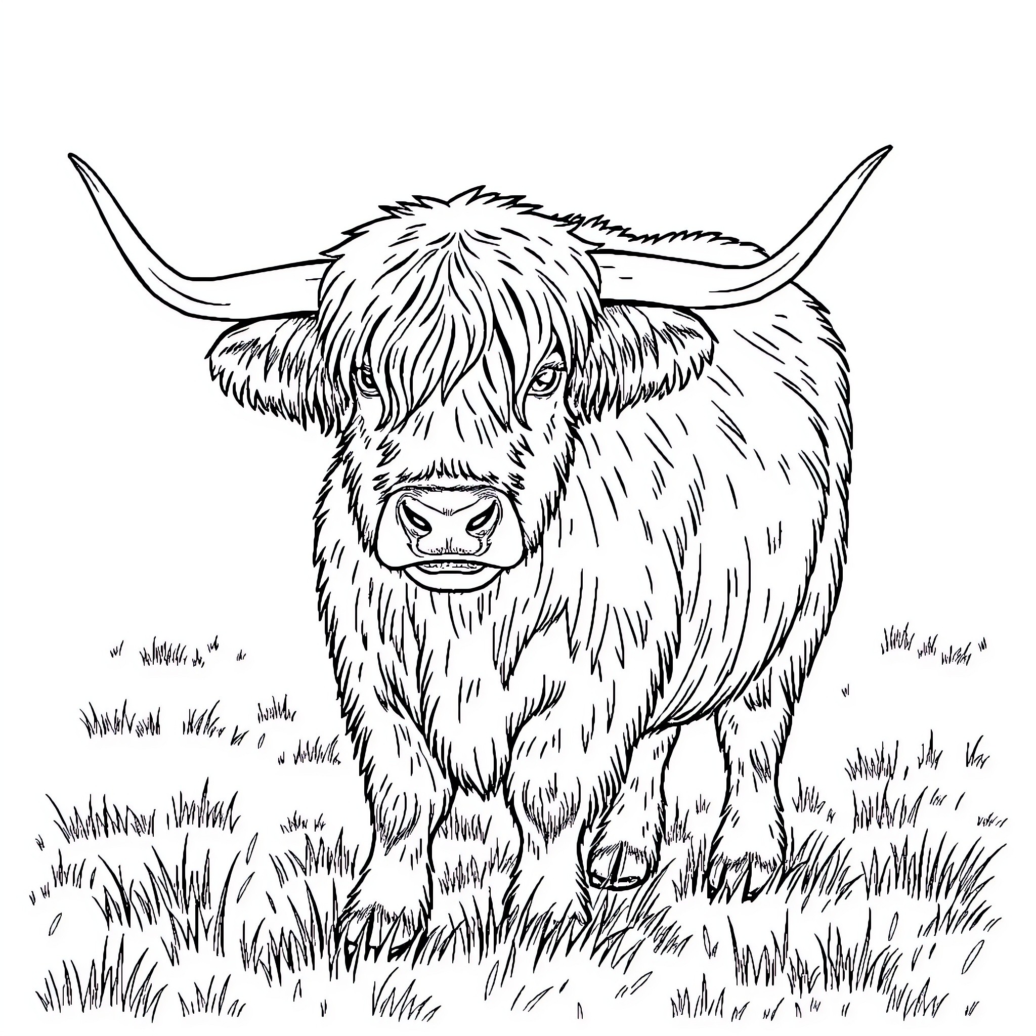 Highland Cow grazing in a grassy field Coloring Page (free black-and-white line drawing printable PDF for all, from beginners to advanced learners, including children, teens, adults, and seniors)