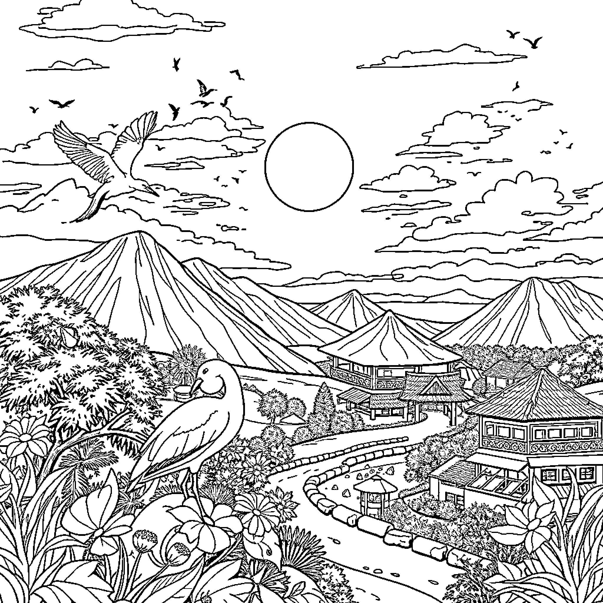 Animal and Landscape with Flying Birds and Scenic Mountains Coloring Page (free black-and-white line drawing printable PDF for all, from beginners to advanced learners, including children, teens, adults, and seniors)