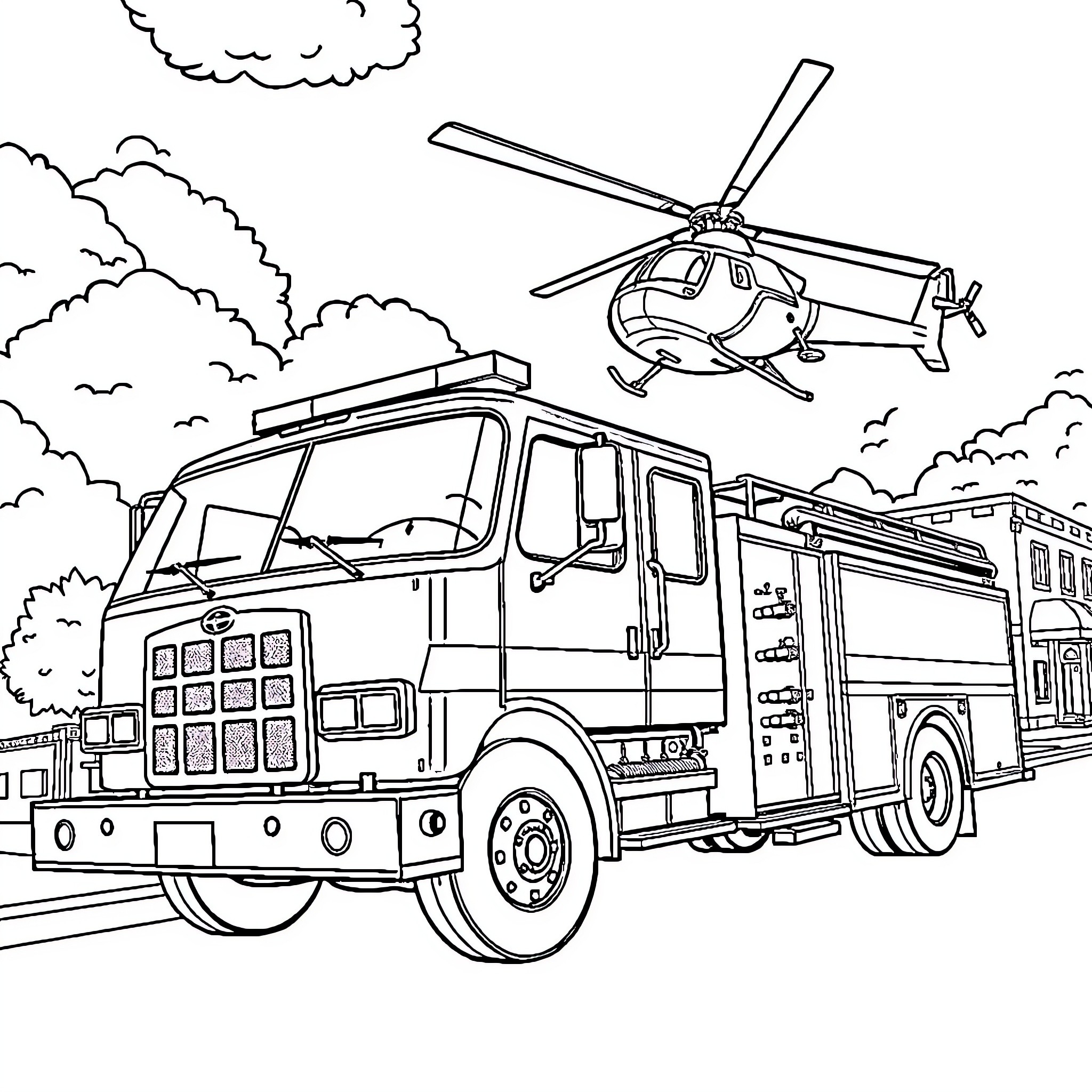 Fire Truck responding to emergency with helicopter support Coloring Page (free black-and-white line drawing printable PDF for all, from beginners to advanced learners, including children, teens, adults, and seniors)