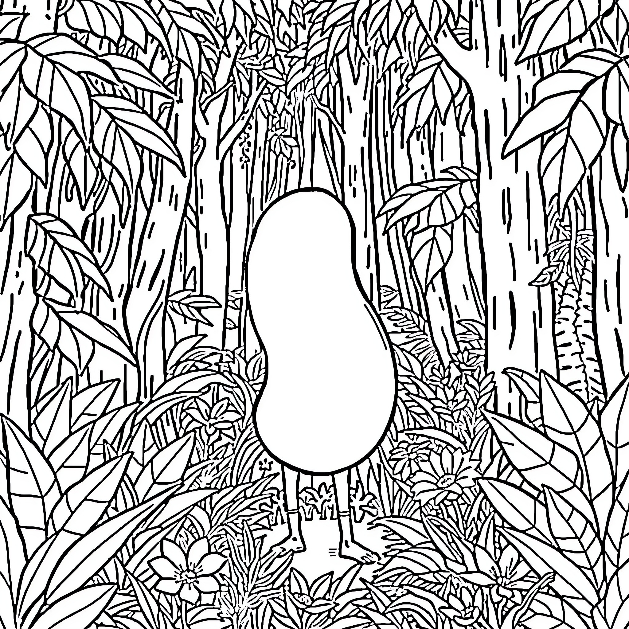 Kidney Bean exploring lush jungle landscape Coloring Page (free black-and-white line drawing printable PDF for all, from beginners to advanced learners, including children, teens, adults, and seniors)